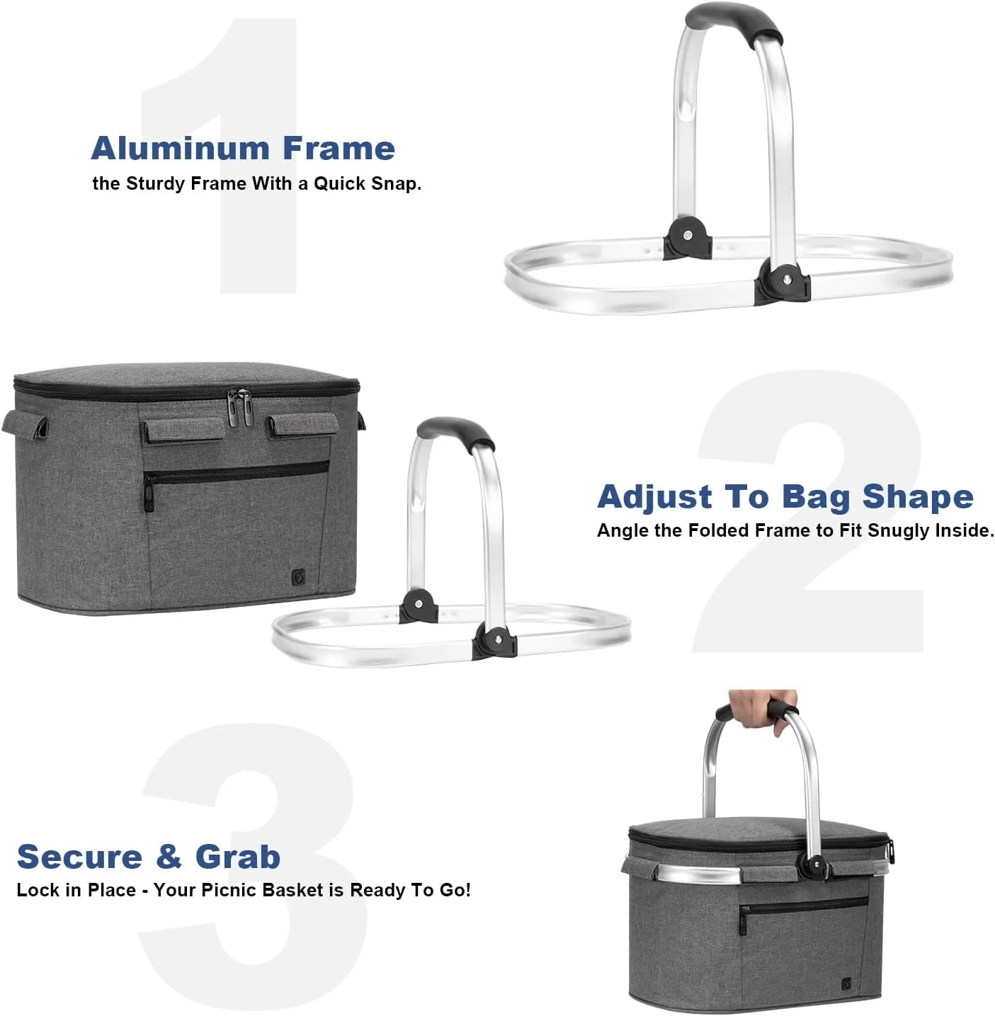 ALLCAMP Insulated Cooler Bag Portable Collapsible Picnic Basket Cooler Bag Collapsible, Leakproof, Lightweightwith Sewn in Frame (Medium Gray)