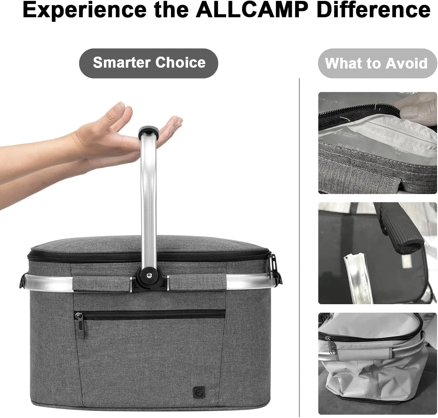 ALLCAMP Insulated Cooler Bag Portable Collapsible Picnic Basket Cooler Bag Collapsible, Leakproof, Lightweightwith Sewn in Frame (Medium Gray)