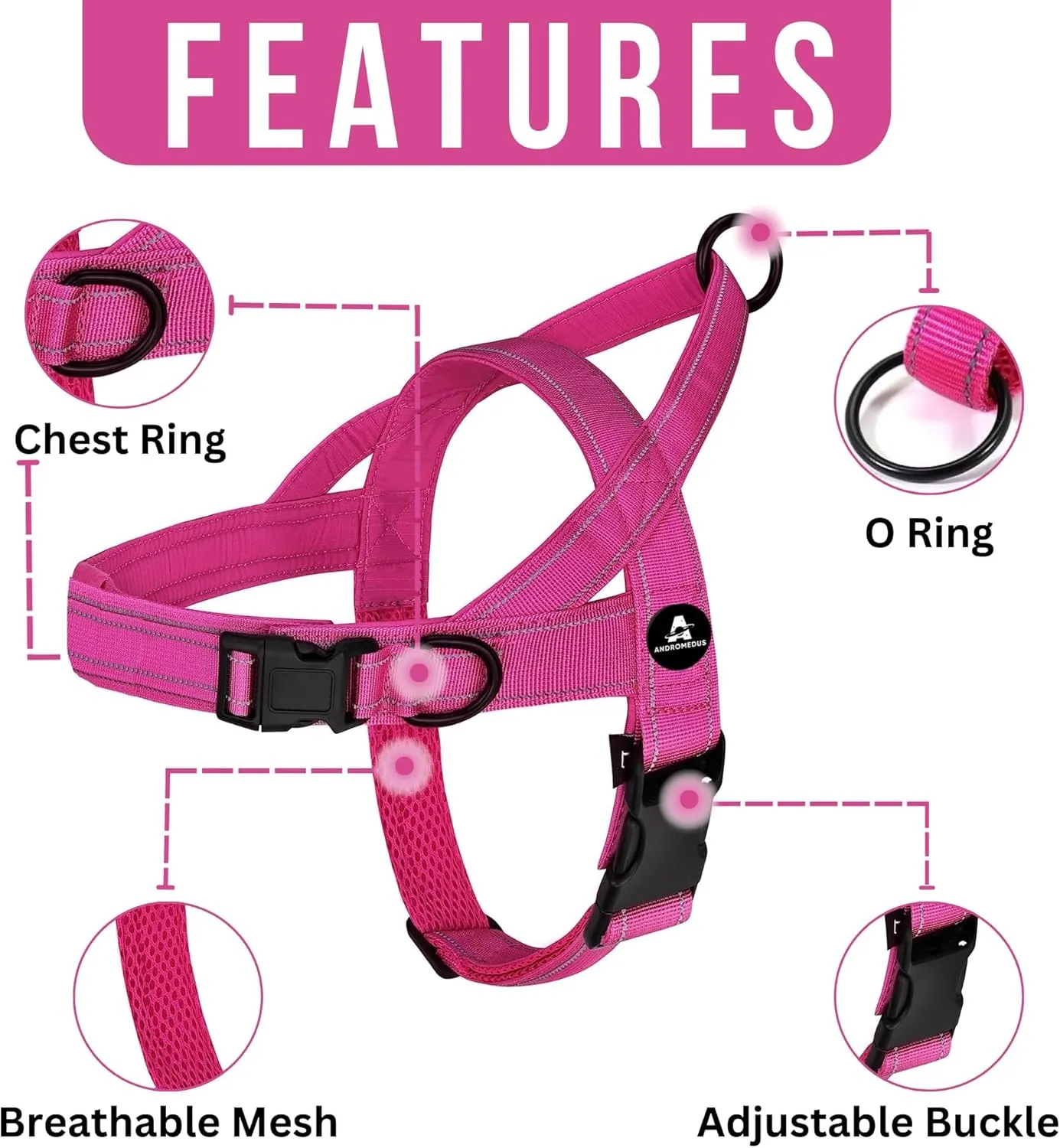 AndroPets No Pull Dog Harness with 3 Leash Clips, Reflective, Escape-Proof - Perfect for Leash and Harness Training - Adjustable Sizes for Small, Medium, and Large Dogs - Dog Vest (Rose Pink, Small)