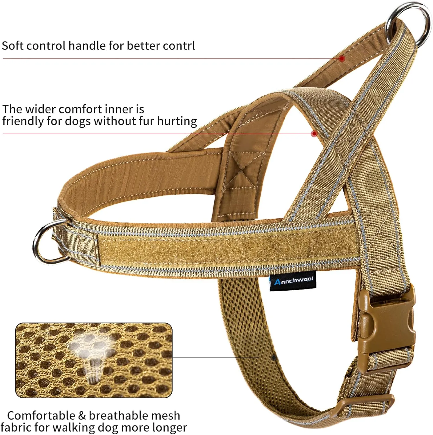 Annchwool No Pull Dog Harness with Soft Padded Handle,Reflective Strip Escape Proof and Quick Fit to Adjust Dog Harness,Easy for Training Walking for Small & Medium and Large Dogs(Brown,XS,1 In Width)