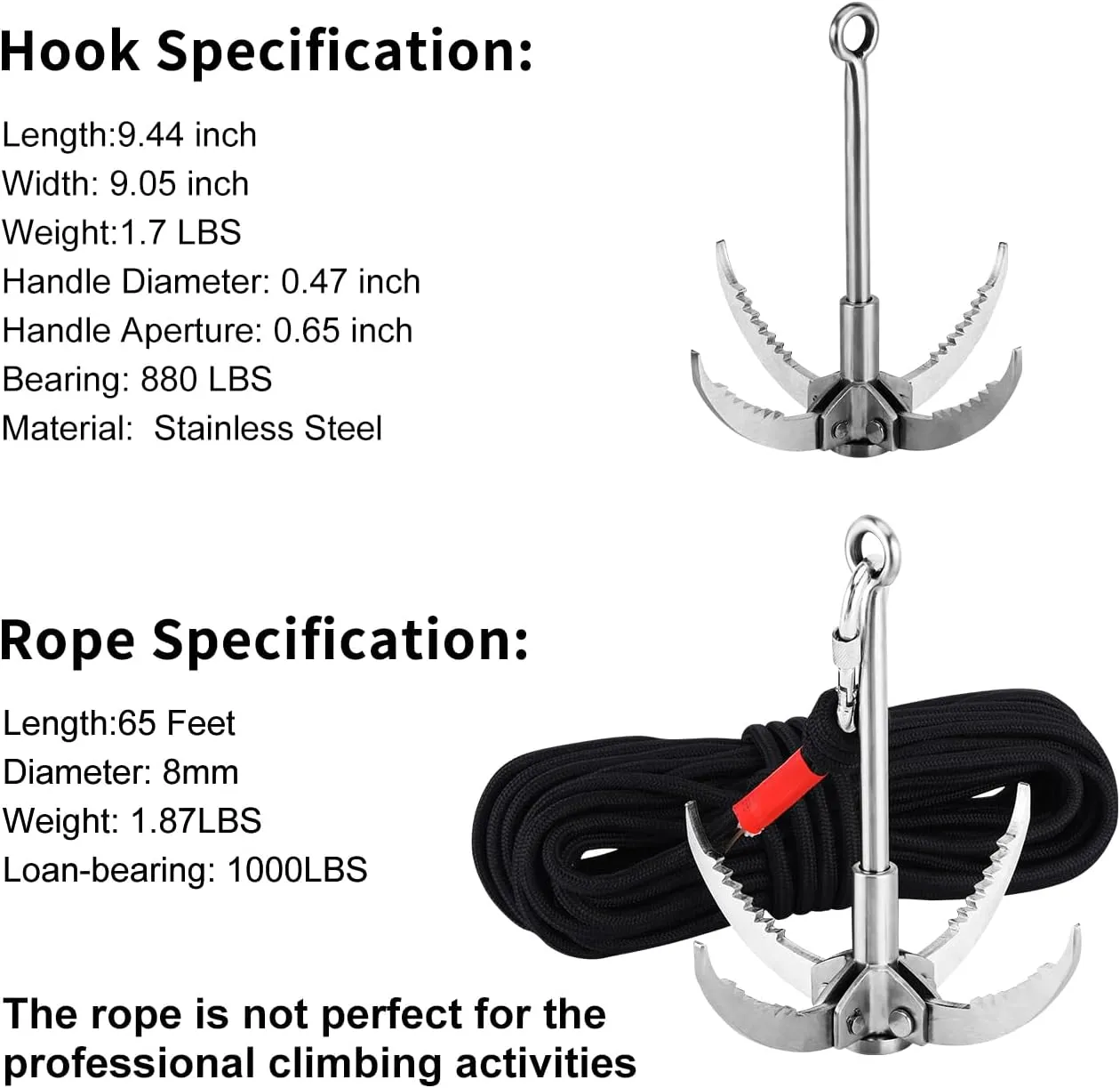 Ant Mag Grappling Hook Stainless Steel Claw Carabiner for Camping Hiking Tree Grabbing and Water Lifting Salvage