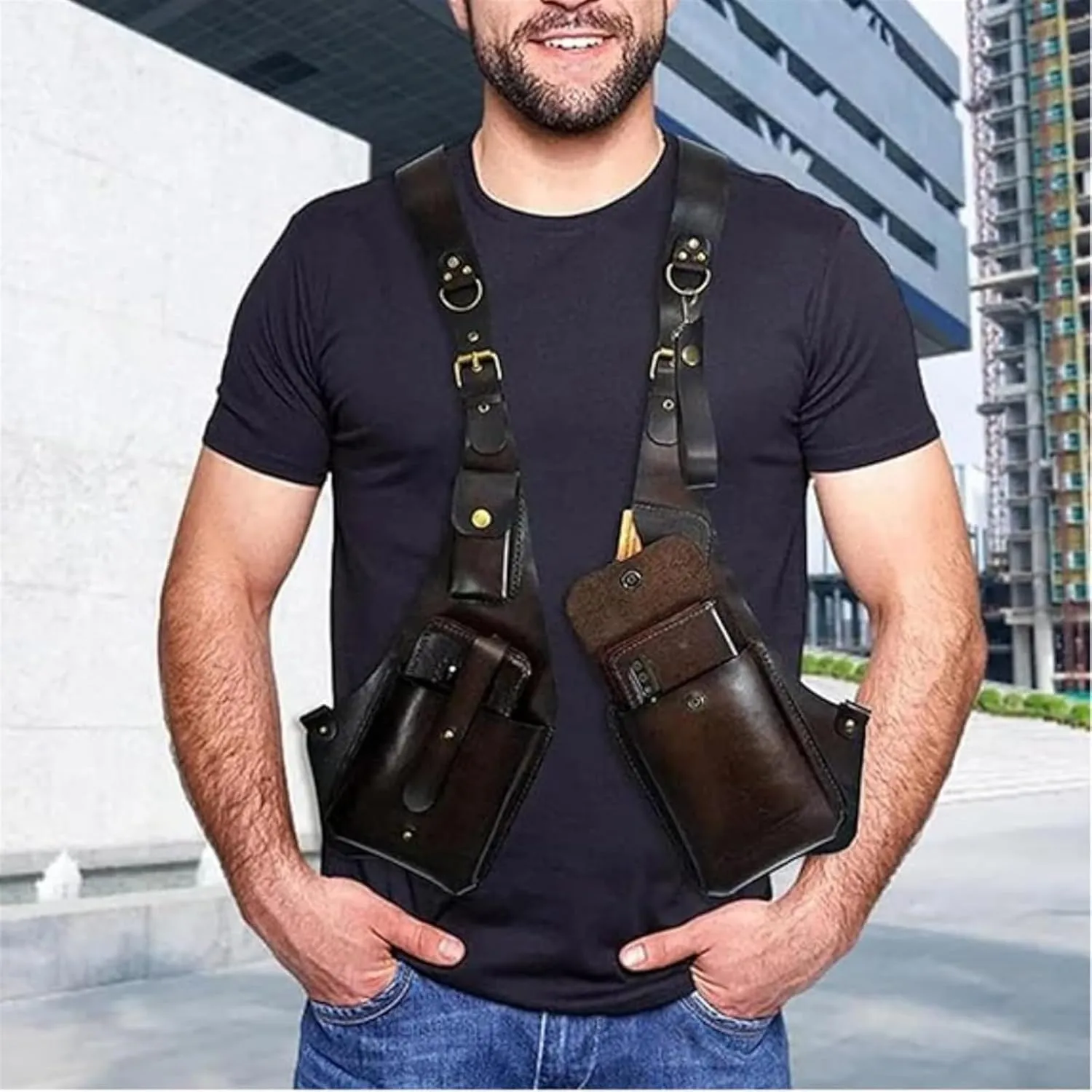 Anti-Theft Bag with Shoulder Harness, Anti-Theft Harness Wallet for Mens, Adjustable PU Leather Strap Wallet(Black)