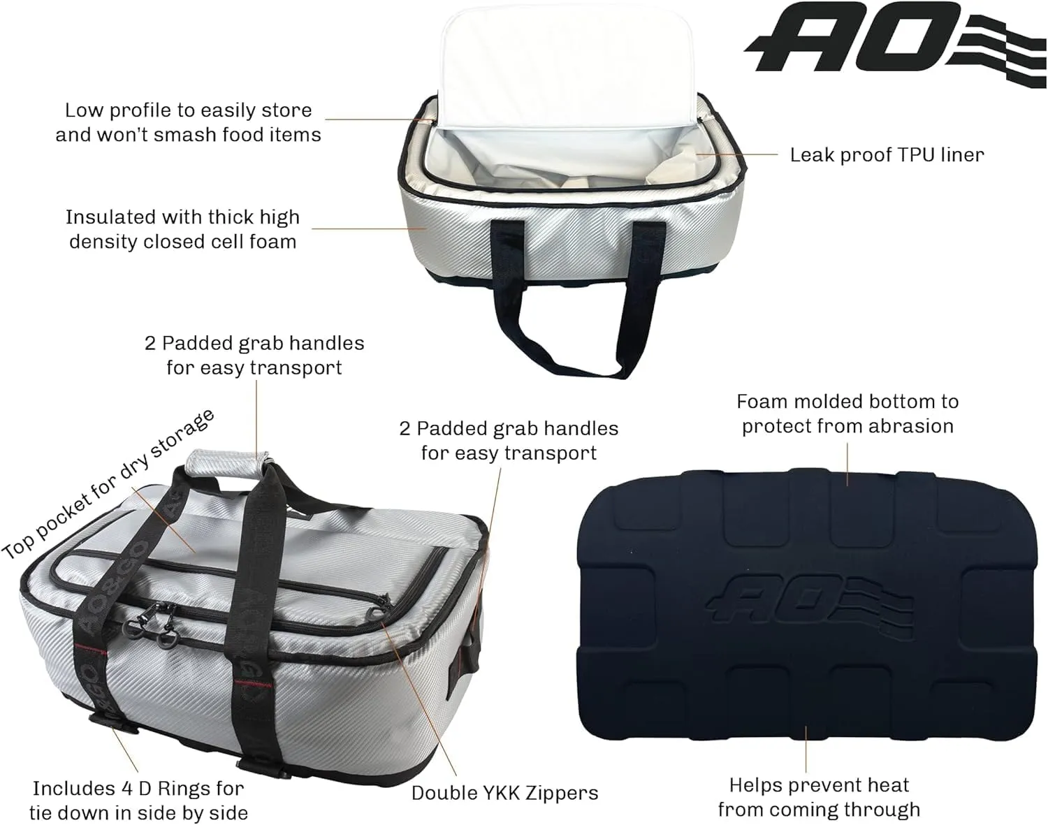 AO Coolers Stow N' Go Cooler, Low-Profile, Leakproof with High-Density Insulation, Holds Ice for 24 Hours, HD Carbon Silver, 38 Pack