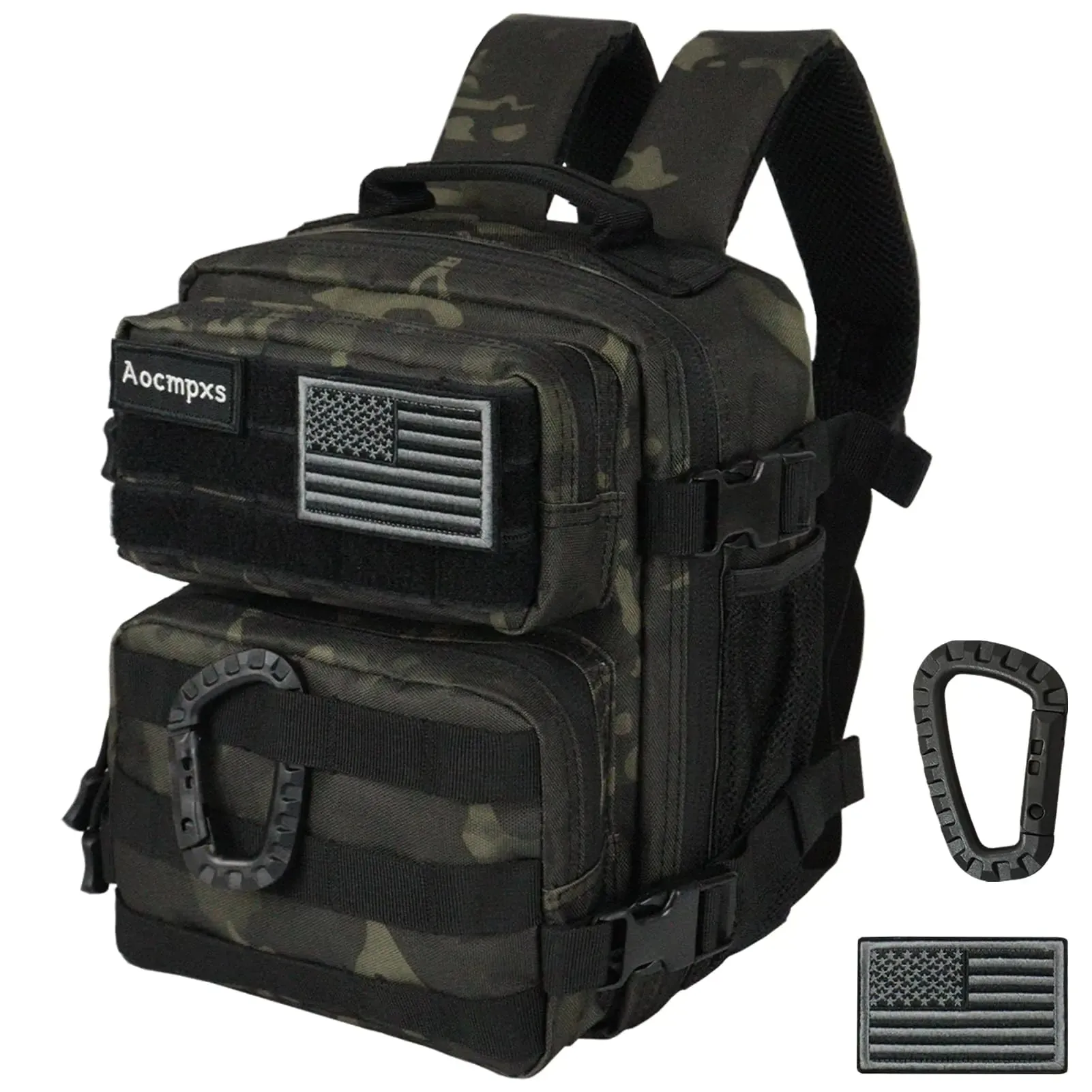 Aocmpxs Mini Tactical Backpack 9L Small Gym Backpacks Sport Bag for Men Women Molle Military Pack with US Flag Patch and Carabiner (Gray Camo)