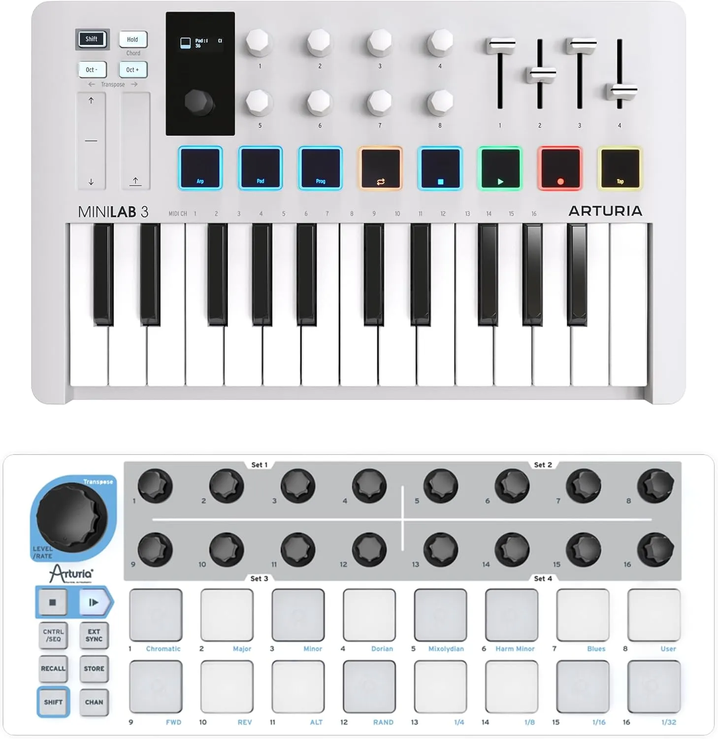 Arturia MiniLab 3 MIDI Controller & Beatstep Compact MIDI Controller & Sequencer Bundle - White