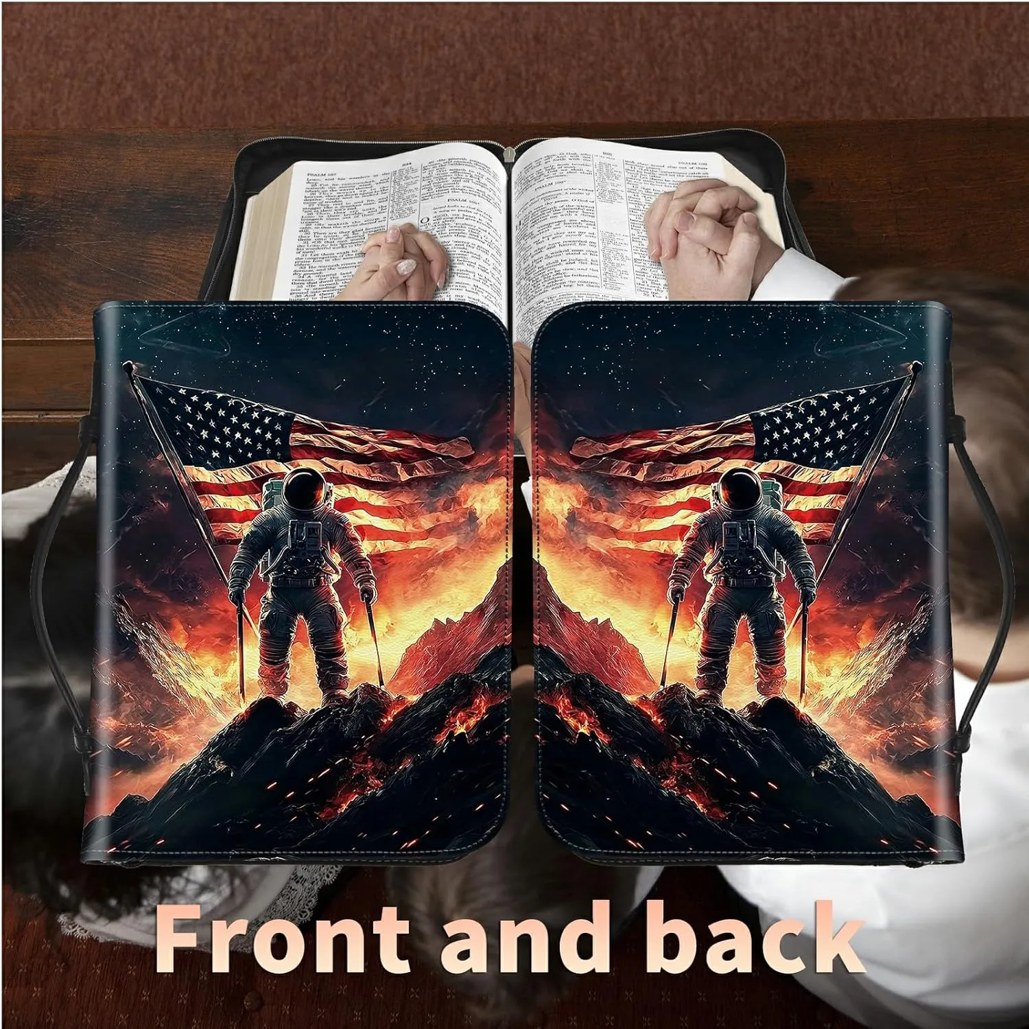 Astronaut Flag Bible Cover, Large Bible Protector Case Handle Carrying Bible Tote Bag with Zippered and Inner Organizing Pockets Christian Gifts for Men Women