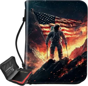 Astronaut Flag Bible Cover, Large Bible Protector Case Handle Carrying Bible Tote Bag with Zippered and Inner Organizing Pockets Christian Gifts for Men Women
