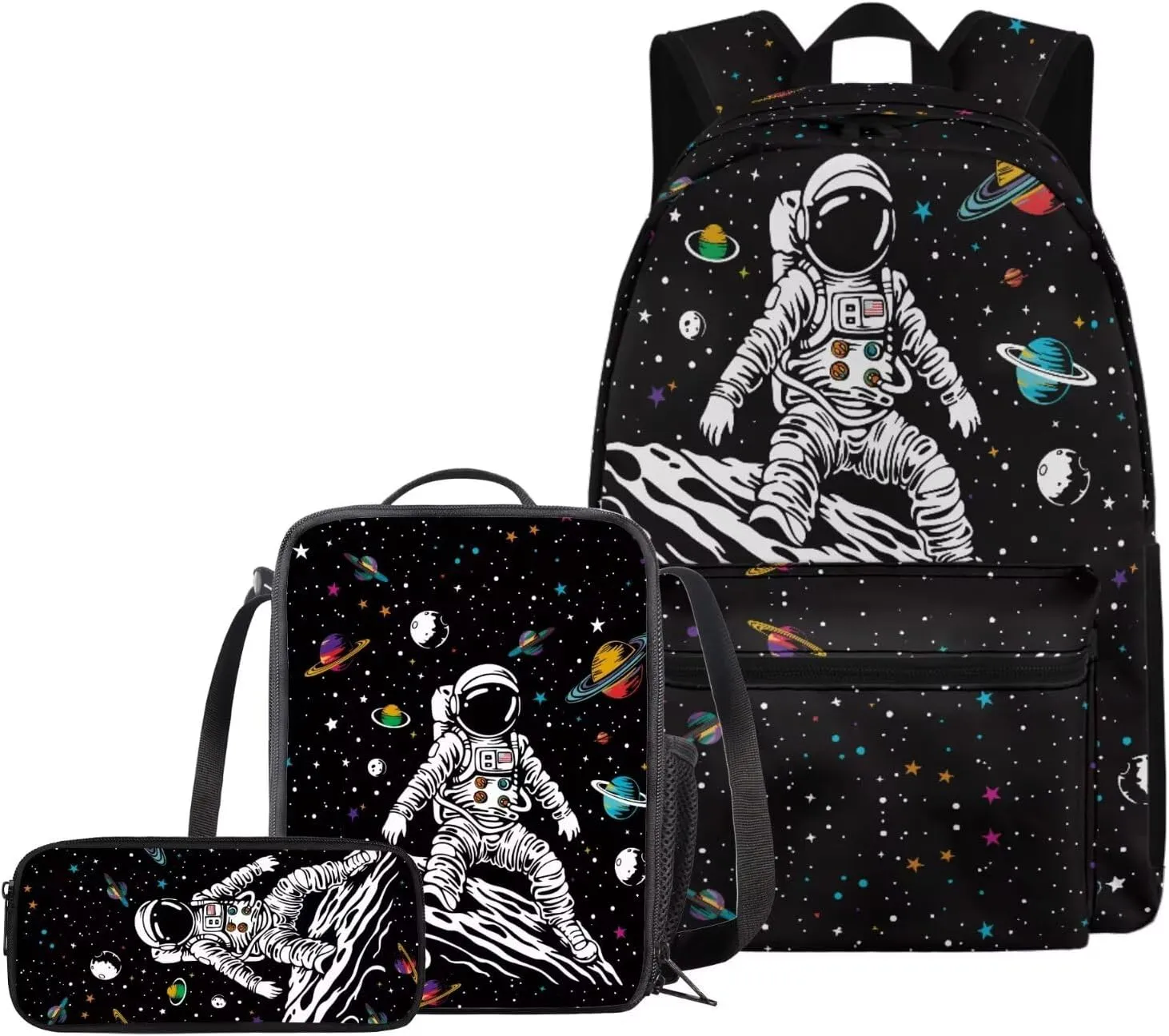 Astronauts and Space 3 Piece Kids School Backpack with Lunch Box for Boys Girls,School Bag with Laptop Compartment Bookbag Casual Rucksack,Pencil Bag Desk Organizer Supplies