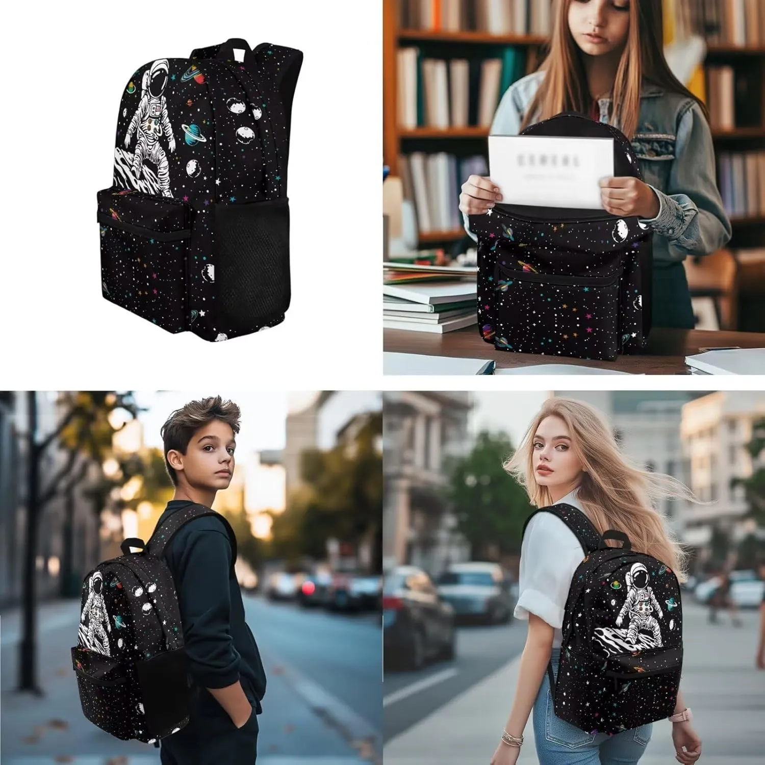 Astronauts and Space 3 Piece Kids School Backpack with Lunch Box for Boys Girls,School Bag with Laptop Compartment Bookbag Casual Rucksack,Pencil Bag Desk Organizer Supplies