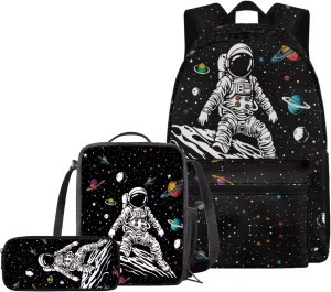 Astronauts and Space 3 Piece Kids School Backpack with Lunch Box for Boys Girls,School Bag with Laptop Compartment Bookbag Casual Rucksack,Pencil Bag Desk Organizer Supplies