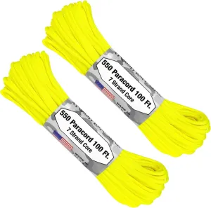 Atwood Rope - Neon Yellow 550 Paracord, 7 Strand Core 1/8 inch x 100 Foot - 2 Pack