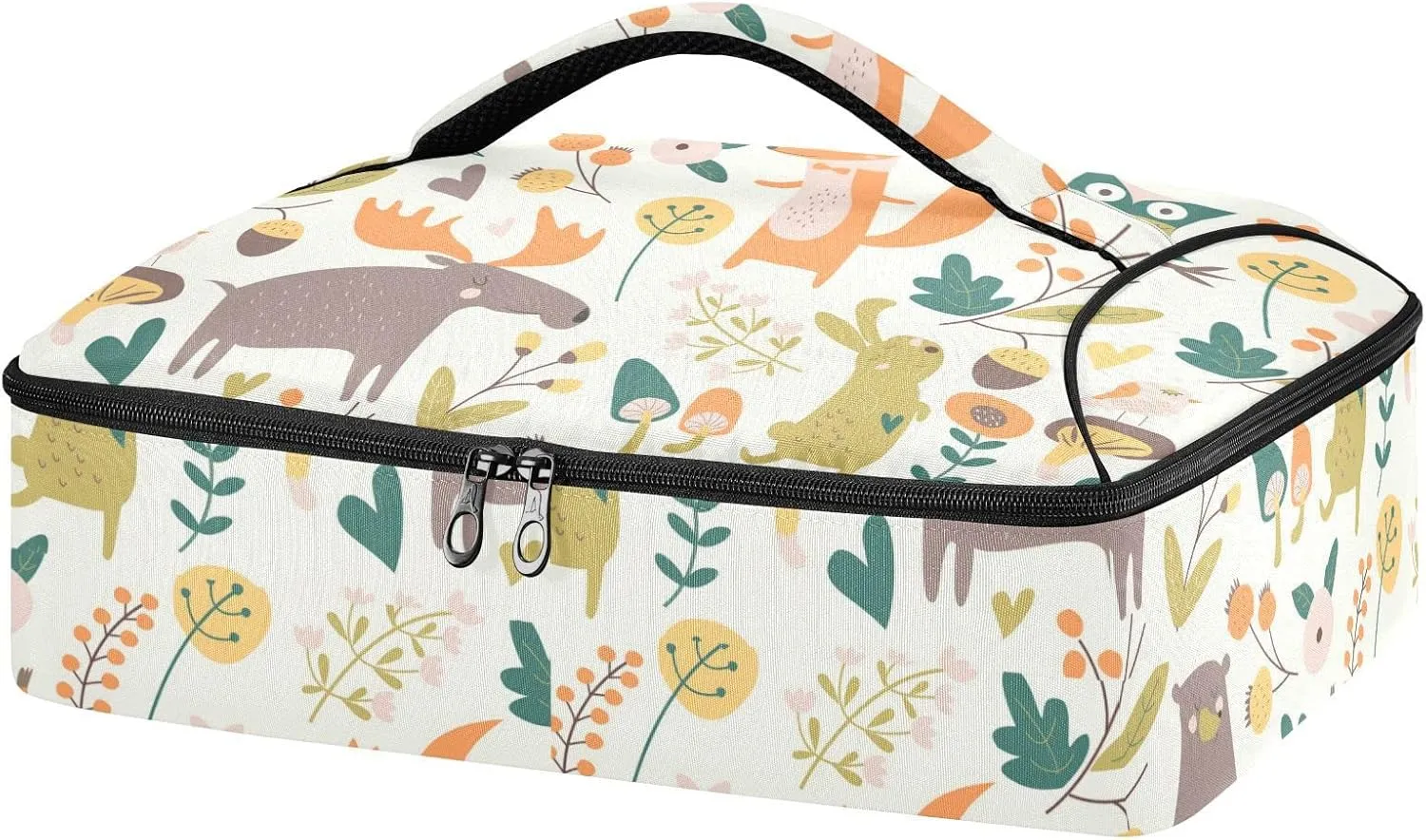 Autumn Forest with Bear Hare Squirrel Elk Owl Foxes Flowers Insulated Casserole Dish Carrier Bag 9x13 with Lid, Warmer Portable Tote for Hot or Cold Food Picnic Party Potluck Beach