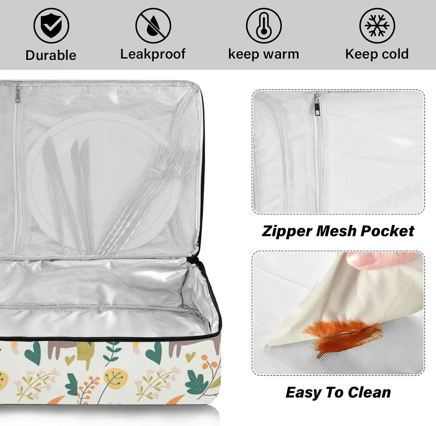 Autumn Forest with Bear Hare Squirrel Elk Owl Foxes Flowers Insulated Casserole Dish Carrier Bag 9x13 with Lid, Warmer Portable Tote for Hot or Cold Food Picnic Party Potluck Beach