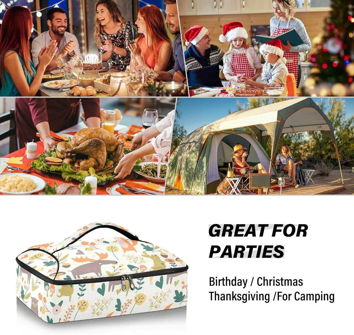 Autumn Forest with Bear Hare Squirrel Elk Owl Foxes Flowers Insulated Casserole Dish Carrier Bag 9x13 with Lid, Warmer Portable Tote for Hot or Cold Food Picnic Party Potluck Beach