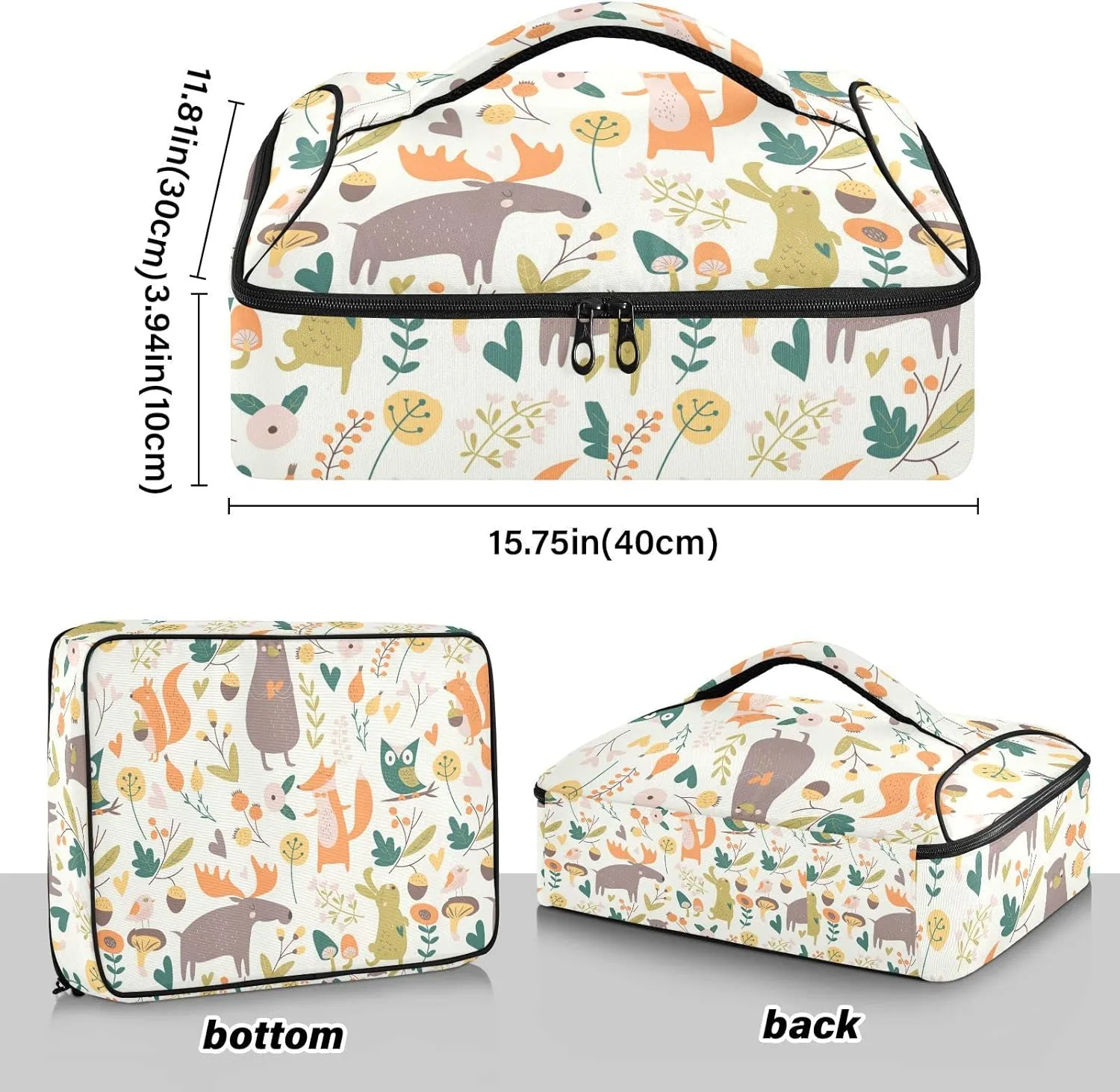 Autumn Forest with Bear Hare Squirrel Elk Owl Foxes Flowers Insulated Casserole Dish Carrier Bag 9x13 with Lid, Warmer Portable Tote for Hot or Cold Food Picnic Party Potluck Beach