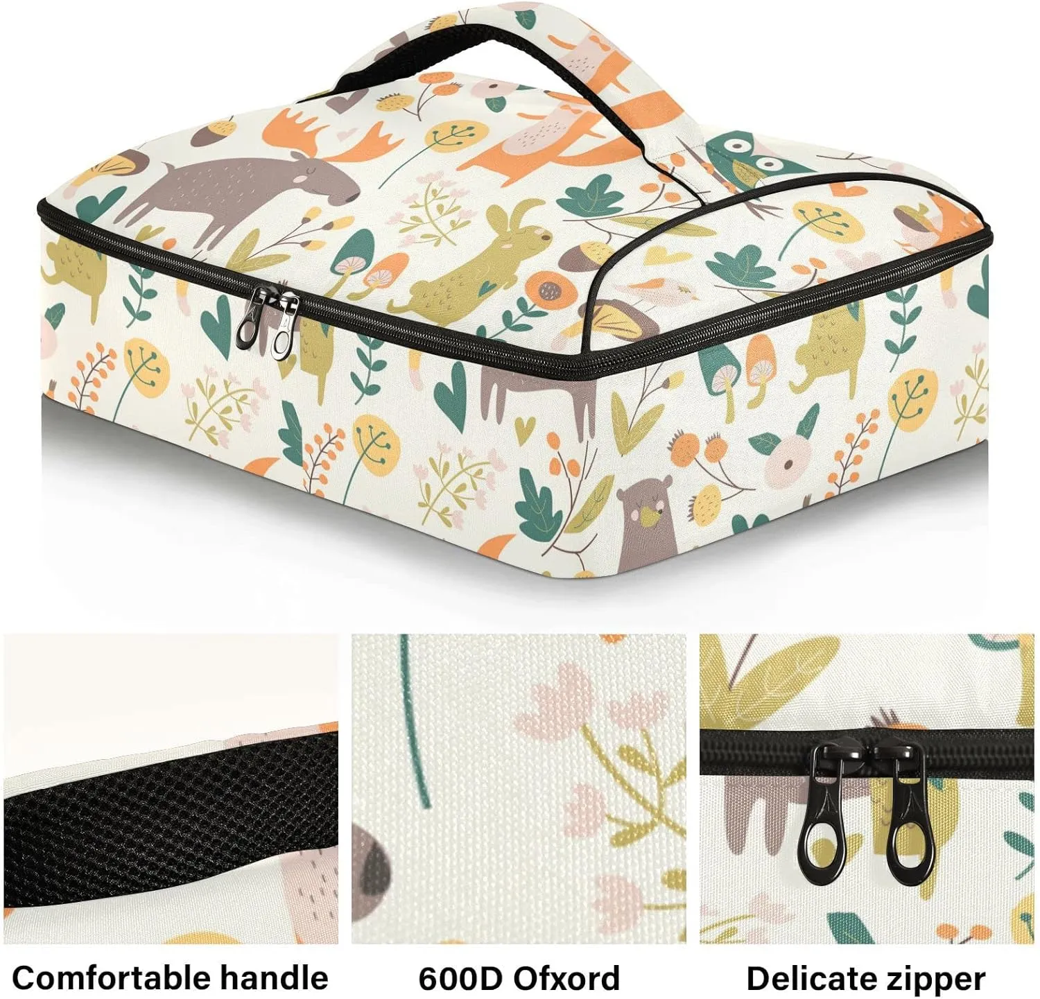 Autumn Forest with Bear Hare Squirrel Elk Owl Foxes Flowers Insulated Casserole Dish Carrier Bag 9x13 with Lid, Warmer Portable Tote for Hot or Cold Food Picnic Party Potluck Beach