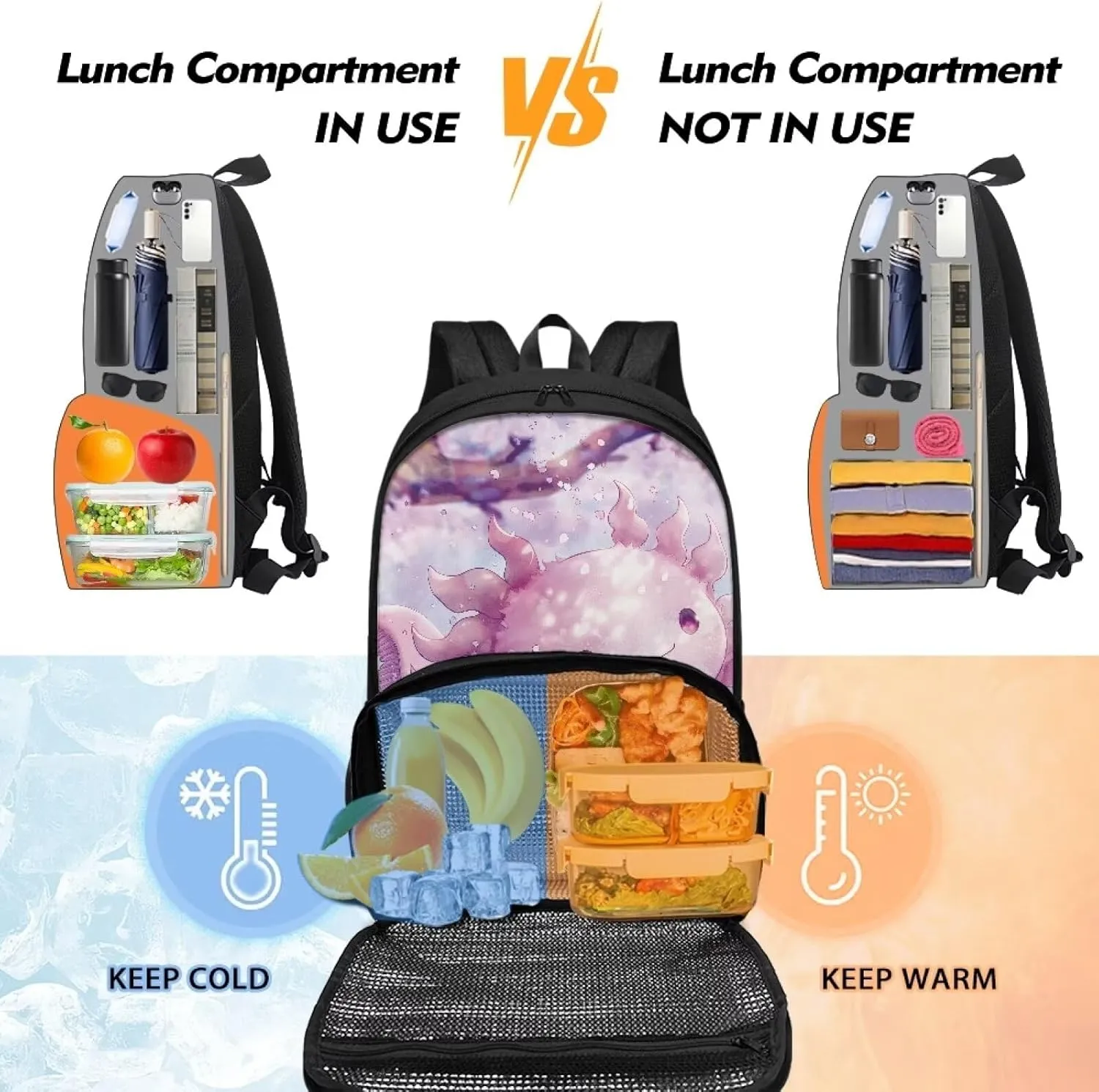 Axolotl Lunch Backpack for Boys Girls, Insulated Cooler Lunch Box Laptop Backpack, 2 in 1 School Bag Lunch Bag, Student Bookbag for Teens Kids