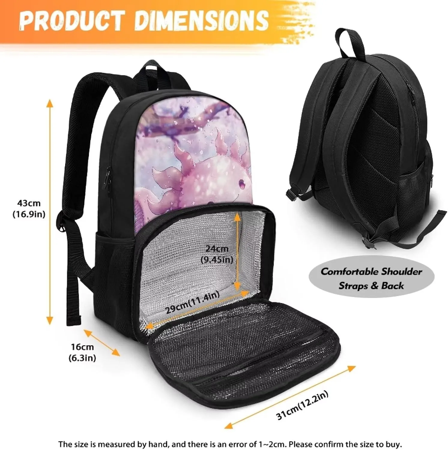 Axolotl Lunch Backpack for Boys Girls, Insulated Cooler Lunch Box Laptop Backpack, 2 in 1 School Bag Lunch Bag, Student Bookbag for Teens Kids