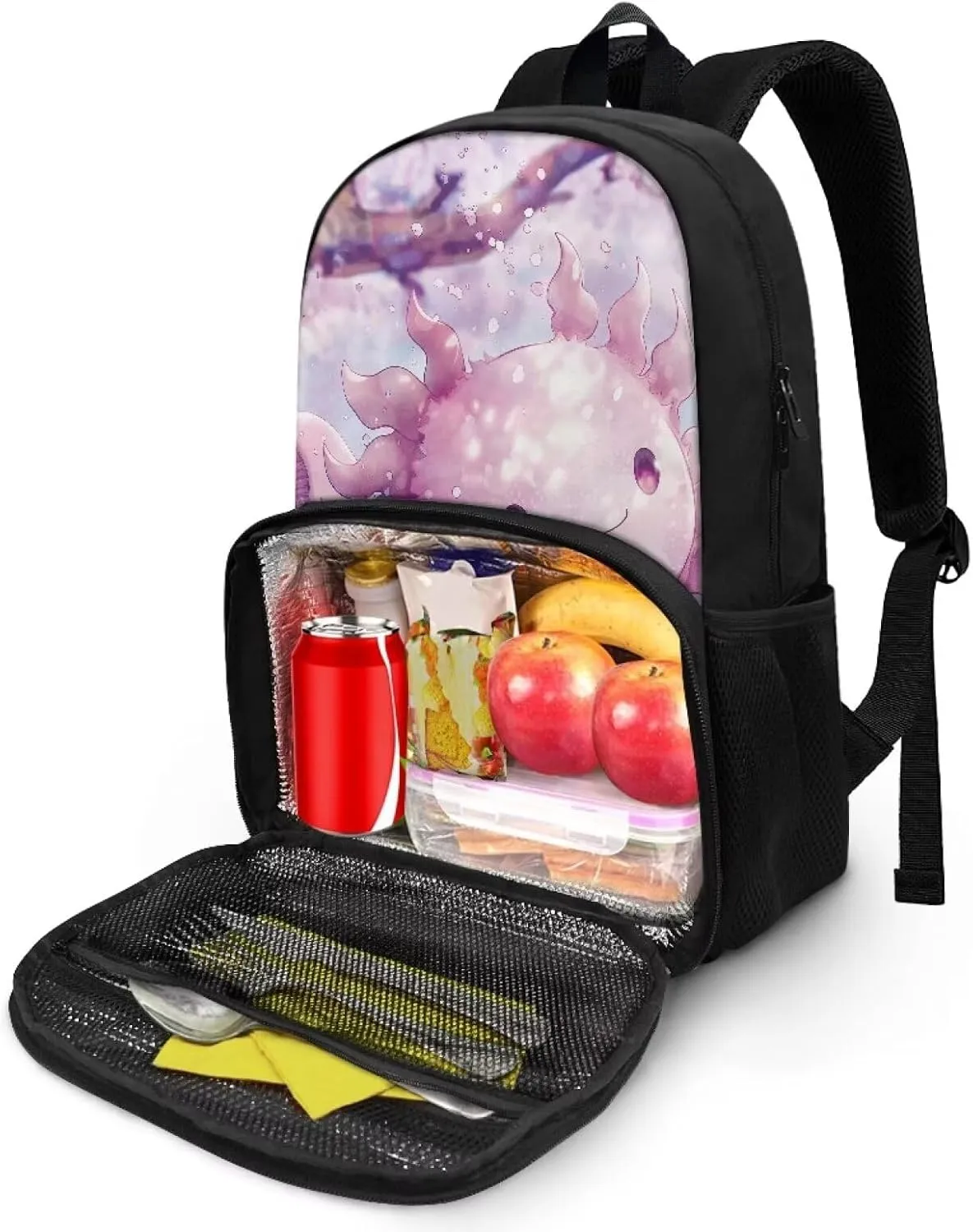 Axolotl Lunch Backpack for Boys Girls, Insulated Cooler Lunch Box Laptop Backpack, 2 in 1 School Bag Lunch Bag, Student Bookbag for Teens Kids