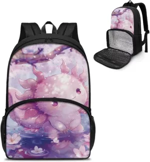 Axolotl Lunch Backpack for Boys Girls, Insulated Cooler Lunch Box Laptop Backpack, 2 in 1 School Bag Lunch Bag, Student Bookbag for Teens Kids