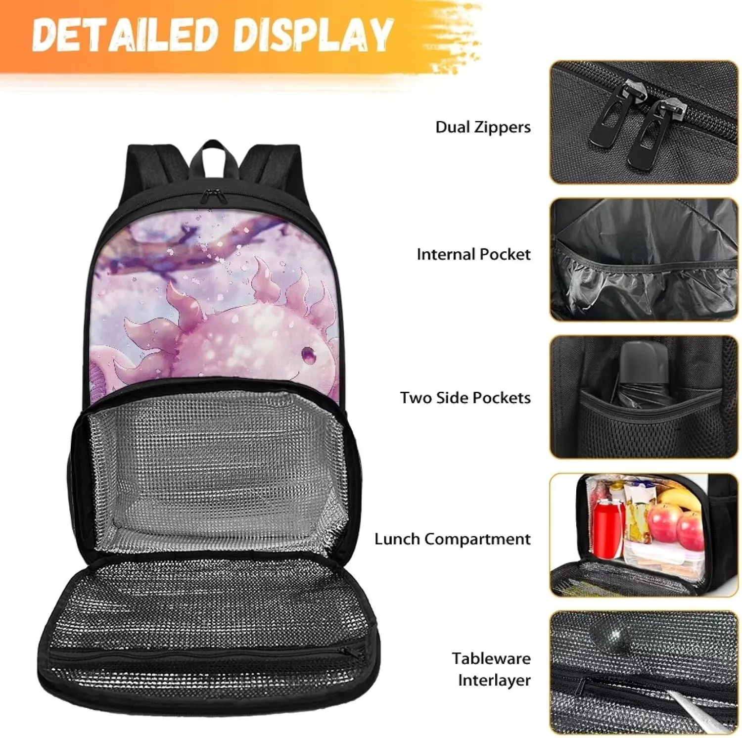 Axolotl Lunch Backpack for Boys Girls, Insulated Cooler Lunch Box Laptop Backpack, 2 in 1 School Bag Lunch Bag, Student Bookbag for Teens Kids