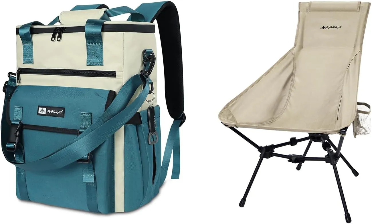 ayamaya Ultralight Chair   Backpack Cooler, High Back Aluminum Widen Frame Structure Folding Chair wigh Side Pocket, Blue 35 Cans Leakproof Cooler Backpack for Women Camping Beach Picnic