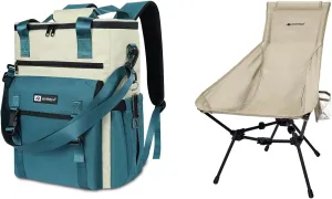 ayamaya Ultralight Chair   Backpack Cooler, High Back Aluminum Widen Frame Structure Folding Chair wigh Side Pocket, Blue 35 Cans Leakproof Cooler Backpack for Women Camping Beach Picnic