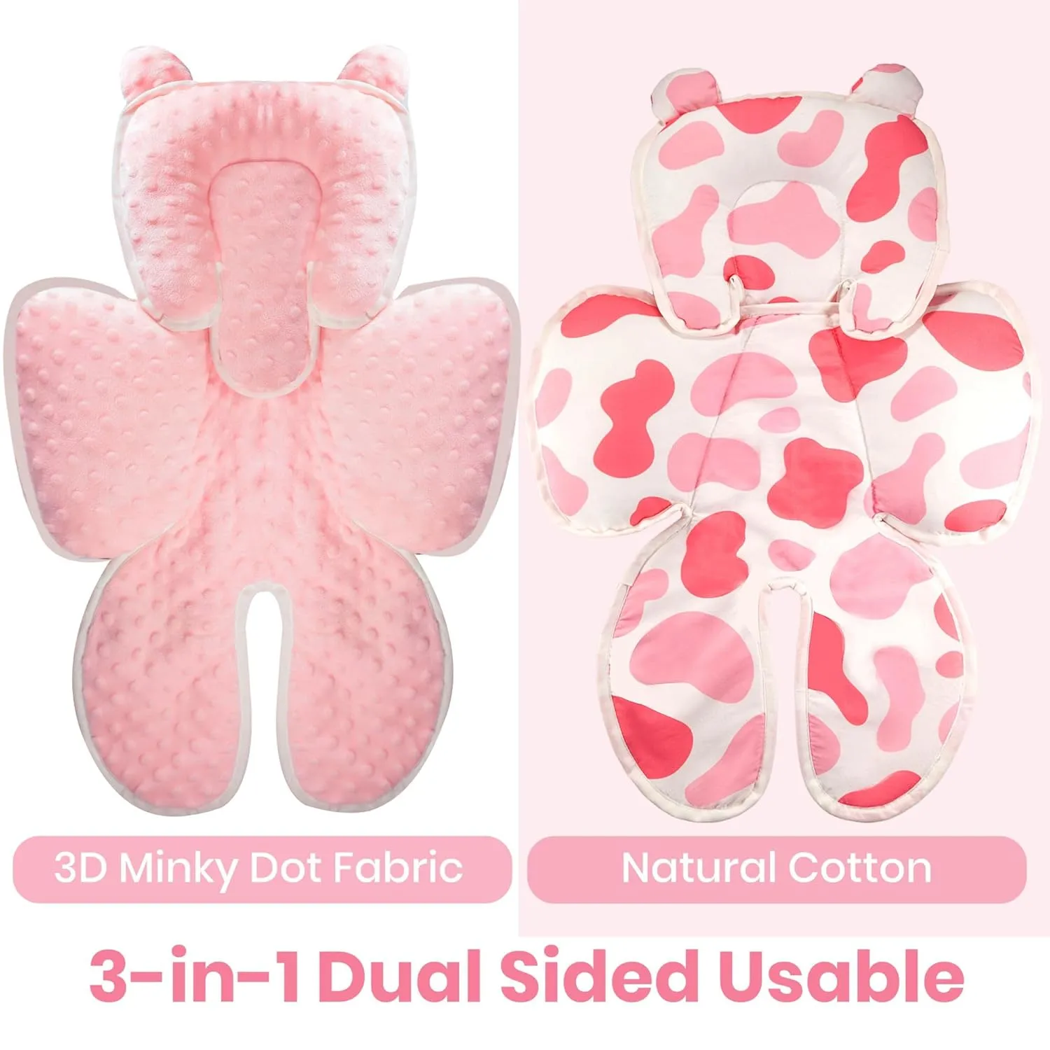 Baby 3in1 Car Seat Head Body Support,Reversible Cotton-Minnky Infant Car Seat Insert Newborn Boys Girls,Soft Breathable Carseat Head Support Pillow Cushion Infant Stroller,Swing,Bouncer(Pink)