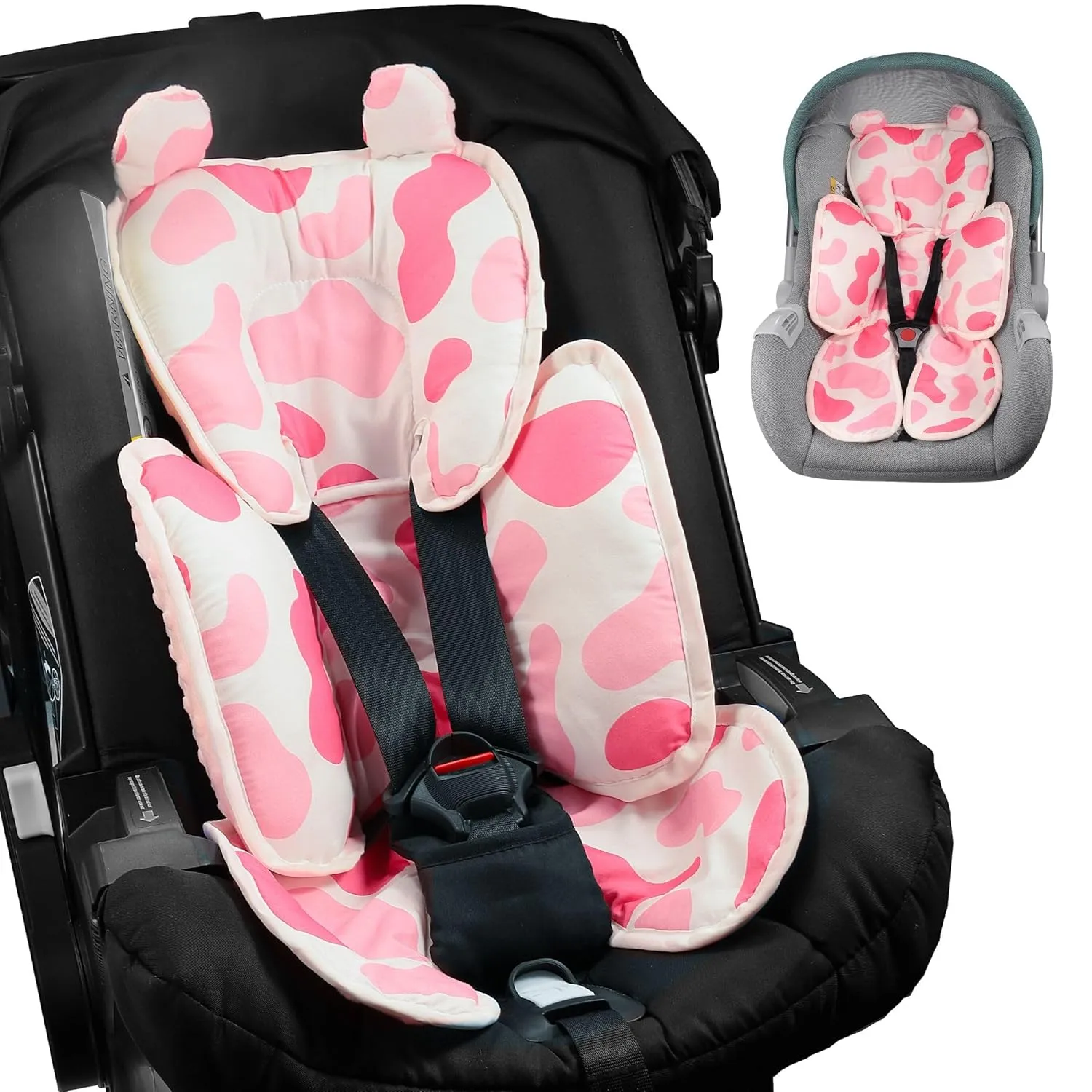 Baby 3in1 Car Seat Head Body Support,Reversible Cotton-Minnky Infant Car Seat Insert Newborn Boys Girls,Soft Breathable Carseat Head Support Pillow Cushion Infant Stroller,Swing,Bouncer(Pink)