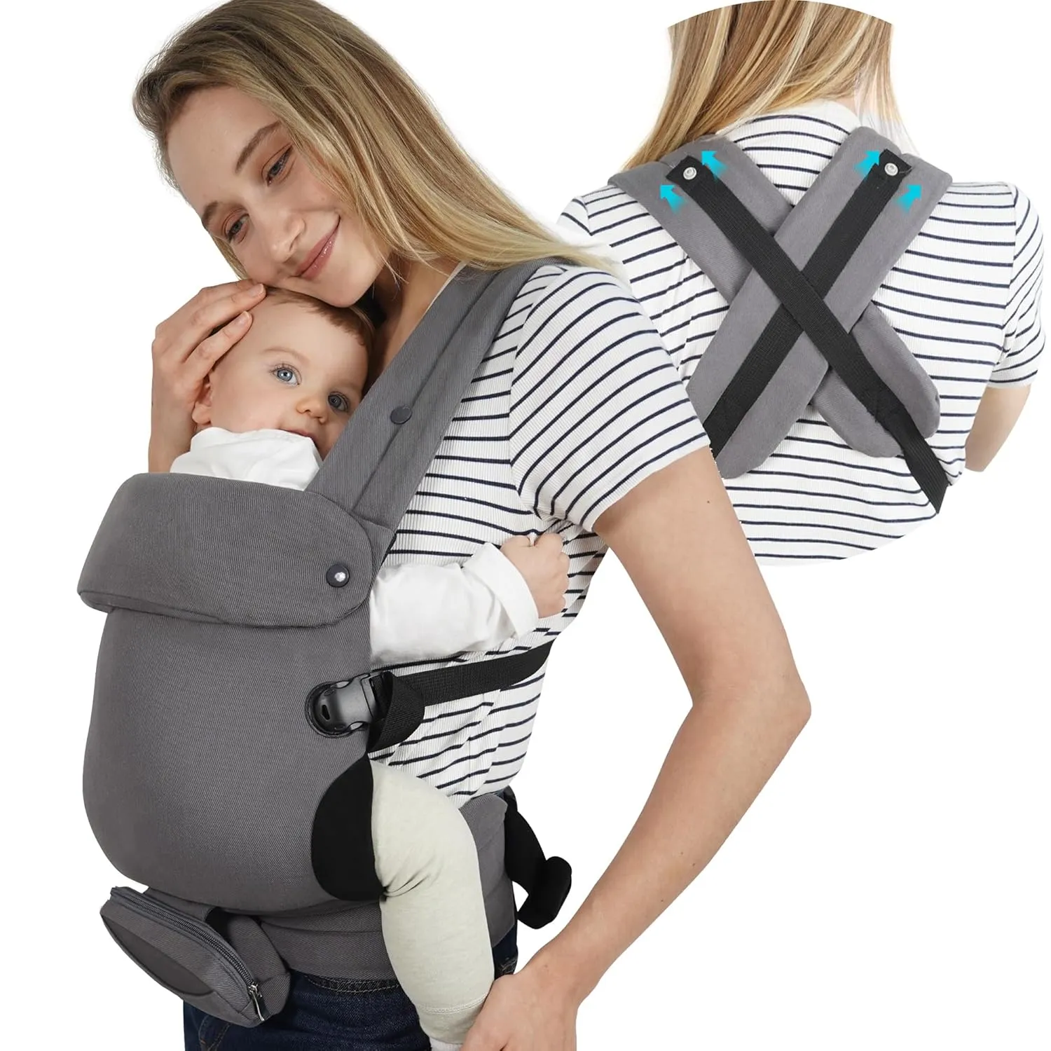 Baby Carrier Newborn to Toddler Ergonomic Wrap 4-in-1 Breathable Comfort Stable Structure, with Mobile Phone Bag, Bottle Bag, Windproof Cover, Hands-Free for Babies 7-44lbs, Adult Waistline 37-54in