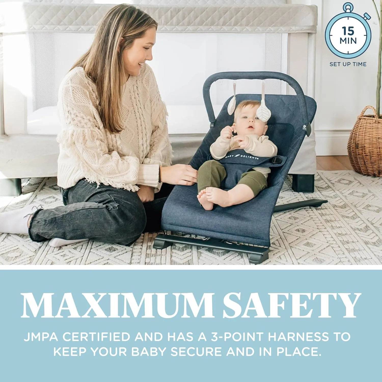 Baby Delight Alpine Deluxe Portable Bouncer, Infant, 0 – 6 Months, Quilted Indigo