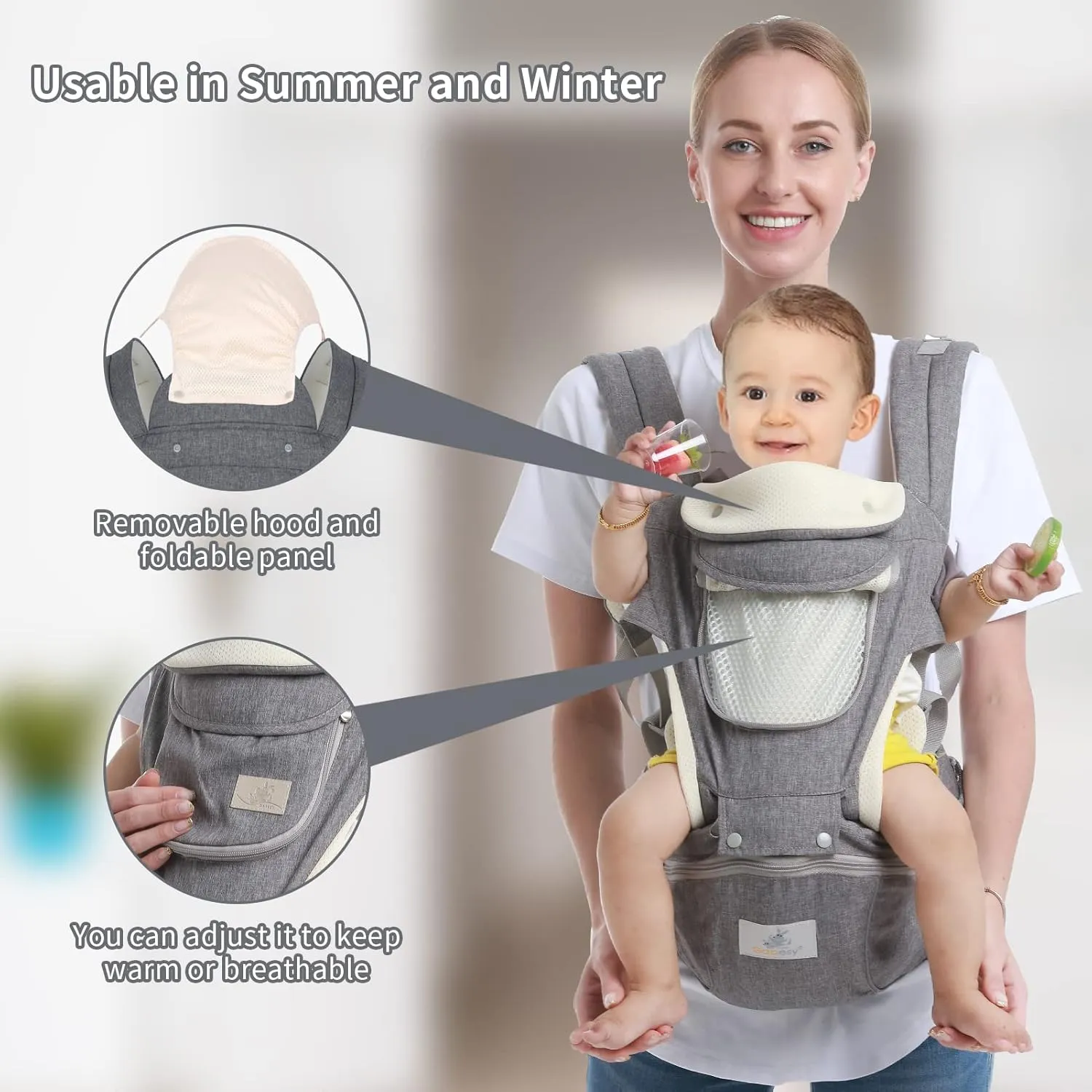 Baby Hip Seat Carrier - Ergonomic Infant Waist Stool with Hip Seat - Kangaroo Bag Front and Back Holder - 3-36 Months (New Gray)