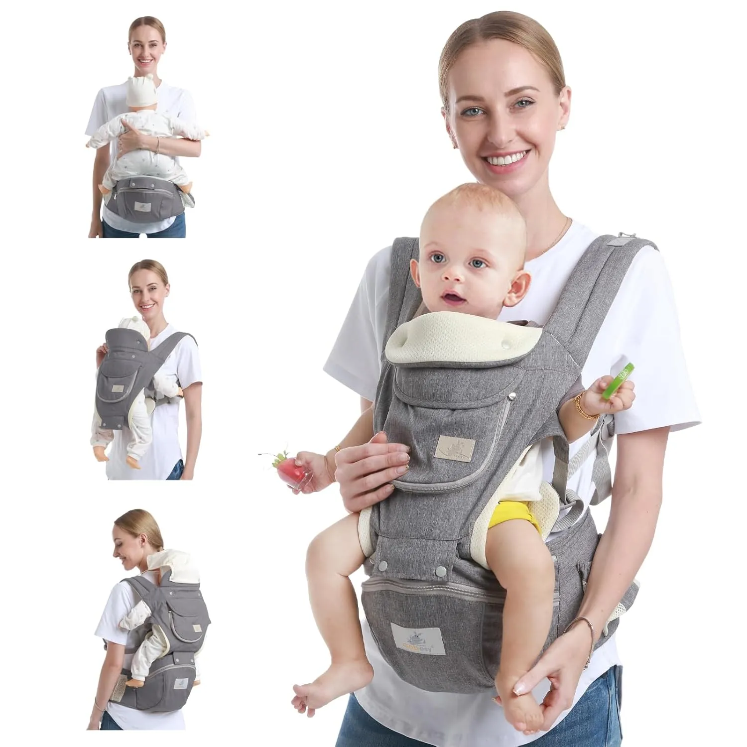 Baby Hip Seat Carrier - Ergonomic Infant Waist Stool with Hip Seat - Kangaroo Bag Front and Back Holder - 3-36 Months (New Gray)
