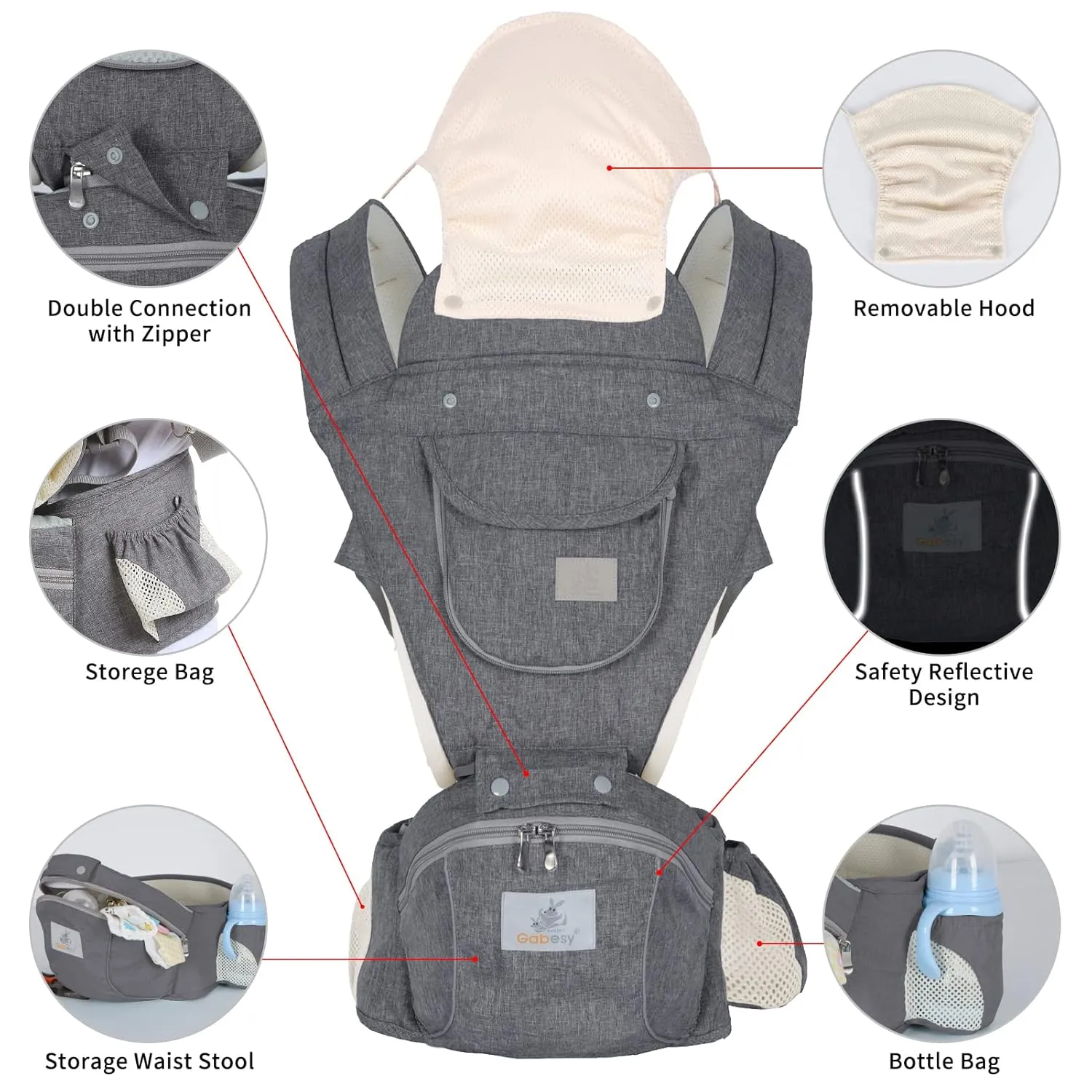 Baby Hip Seat Carrier - Ergonomic Infant Waist Stool with Hip Seat - Kangaroo Bag Front and Back Holder - 3-36 Months (New Gray)