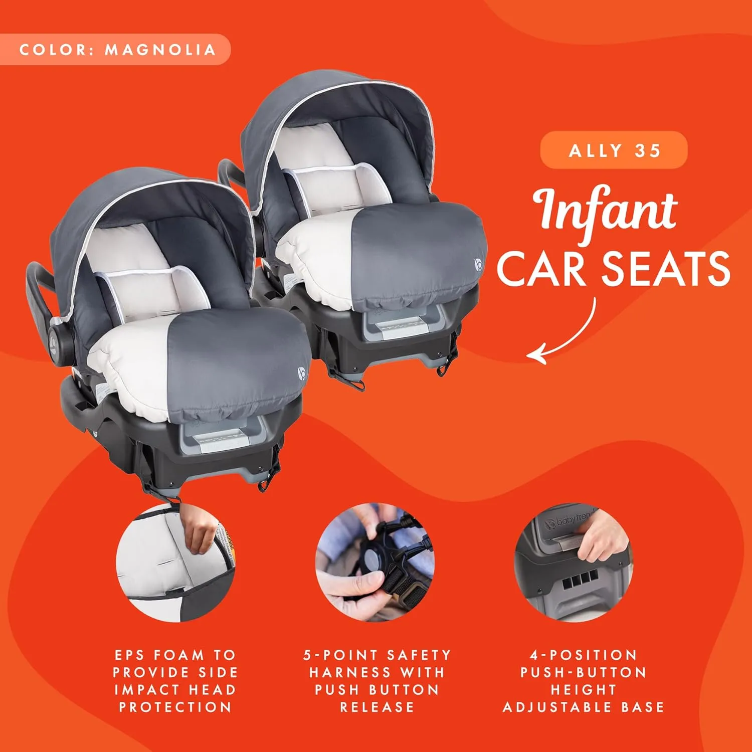 Baby Trend Ally Adjustable Comfortable Carry 35 Pound Infant Baby Car Seat and Base Set, Gray Magnolia (2 Pack)