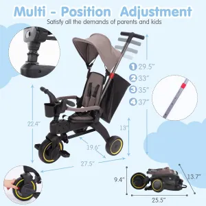Baby Tricycle,5 in 1 Compact Folding Toddler Bike w/Removable Push Handle,Foldable Tricycle,Rotatable Seat,Canopy,Safety Harness,Storage Hanging Bag,Trike for 1-3 Year Old,Tricycle for Toddlers (Gray)
