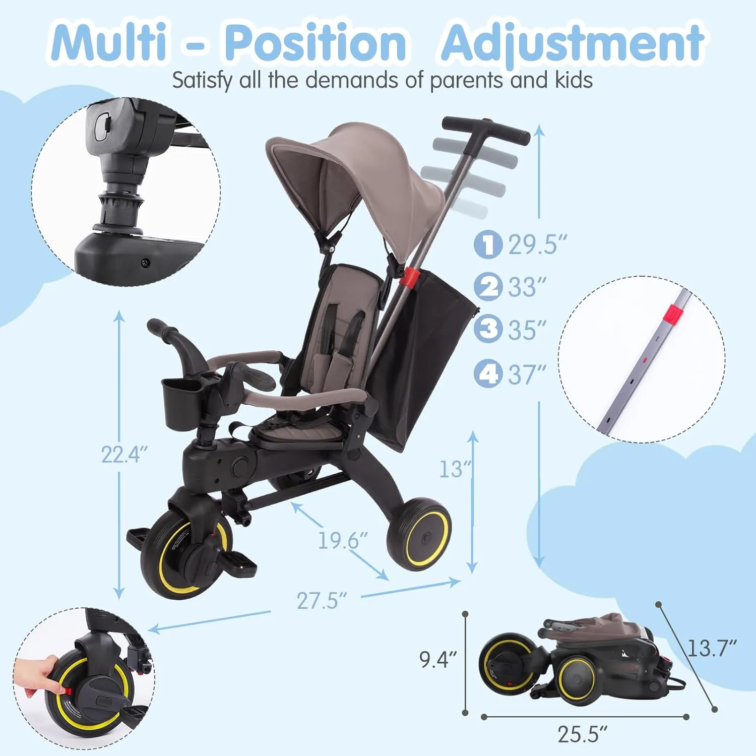 Baby Tricycle,5 in 1 Compact Folding Toddler Bike w/Removable Push Handle,Foldable Tricycle,Rotatable Seat,Canopy,Safety Harness,Storage Hanging Bag,Trike for 1-3 Year Old,Tricycle for Toddlers (Gray)