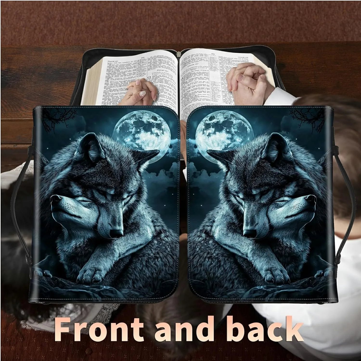Baby Wolf Moon Bible Cover, Large Bible Protector Case Handle Carrying Bible Tote Bag with Zippered and Inner Organizing Pockets Christian Gifts for Men Women