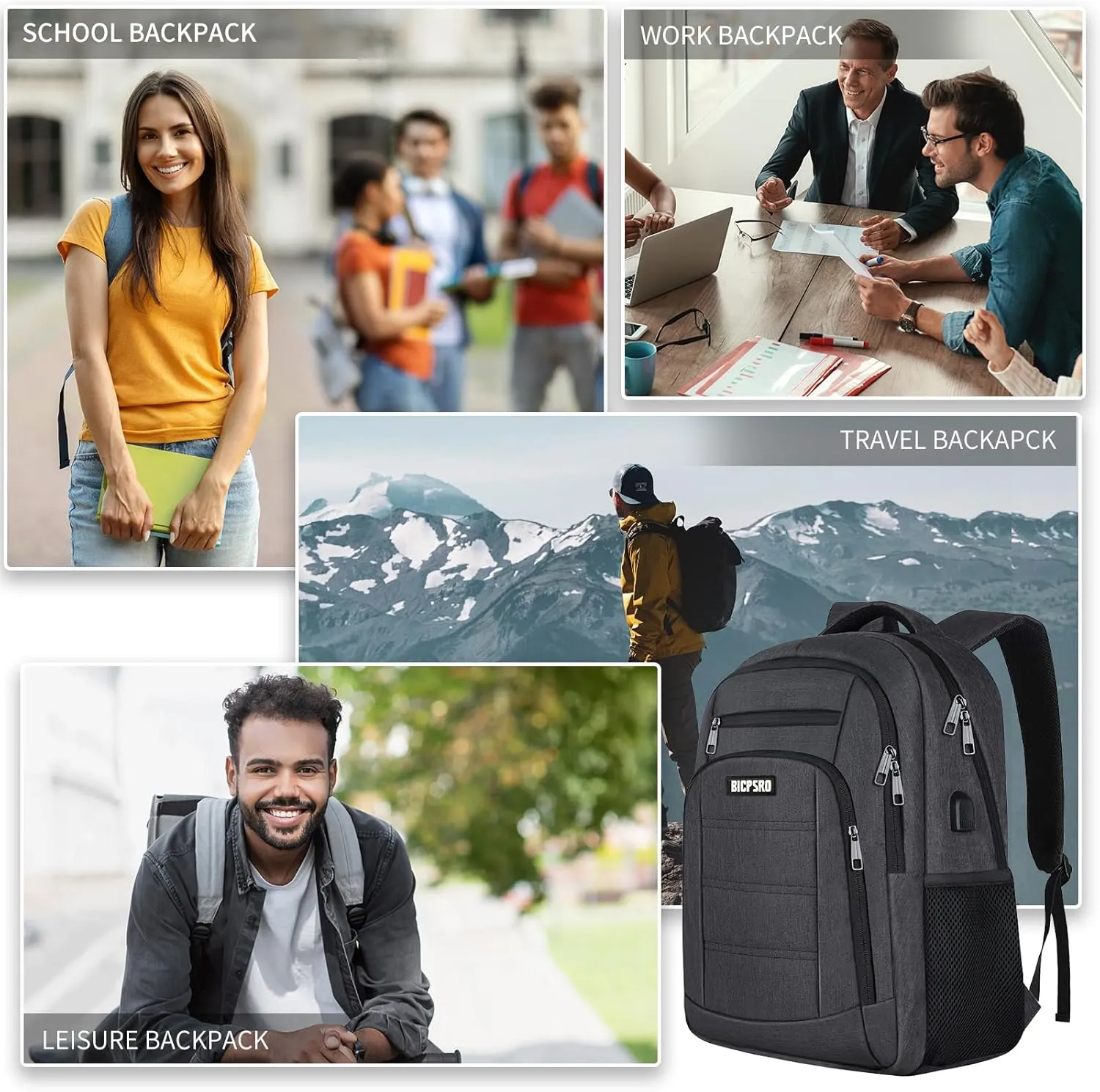 Backpack for Men Women, School Backpack for Teens Boys Girls, Work Business Backpack with USB Charging Port,Water Resistant College Computer Bookbag Fits 17.3 Inch Laptop,Back Pack,Mochilas Black