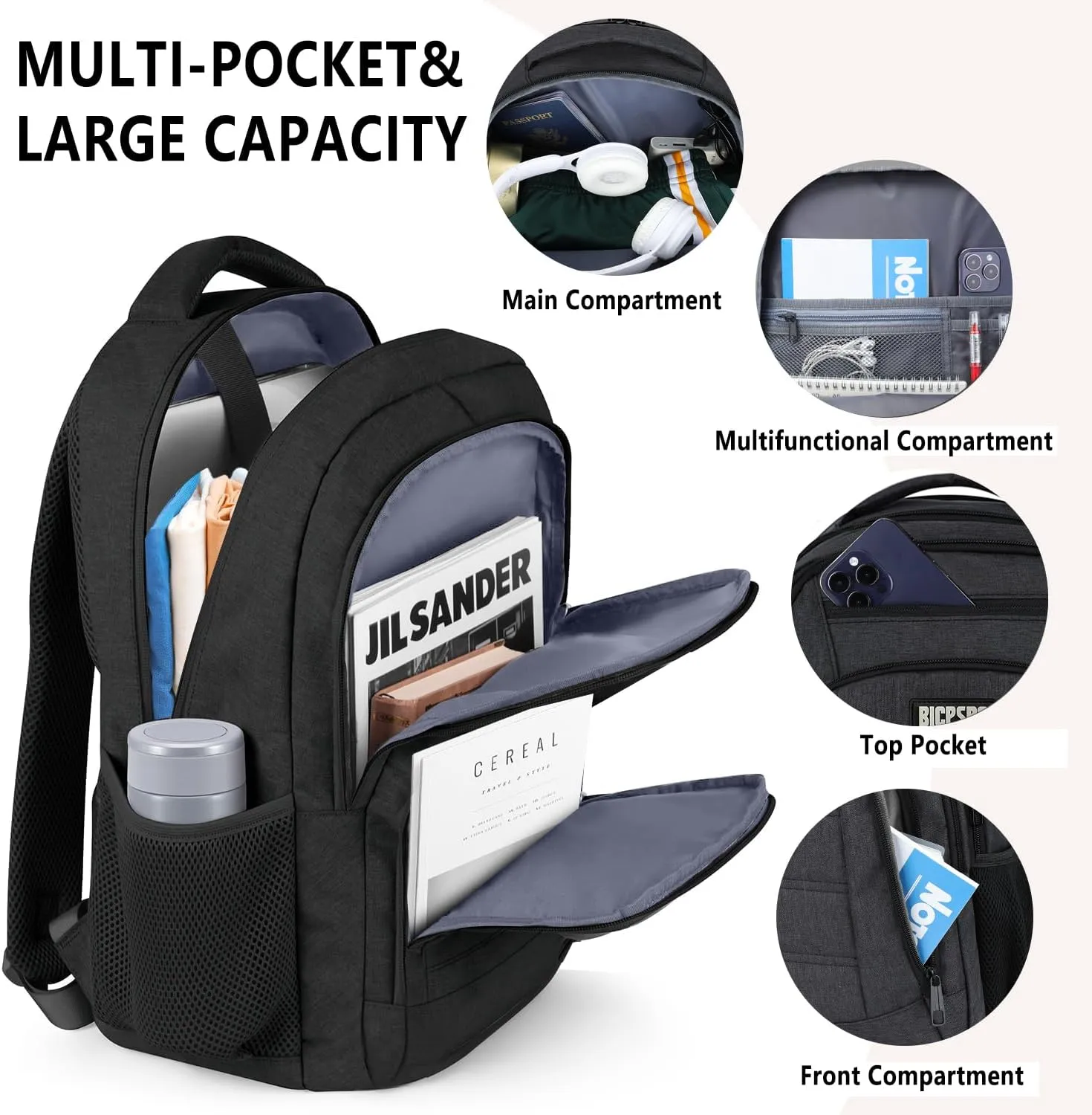 Backpack for Men Women, School Backpack for Teens Boys Girls, Work Business Backpack with USB Charging Port,Water Resistant College Computer Bookbag Fits 17.3 Inch Laptop,Back Pack,Mochilas Black