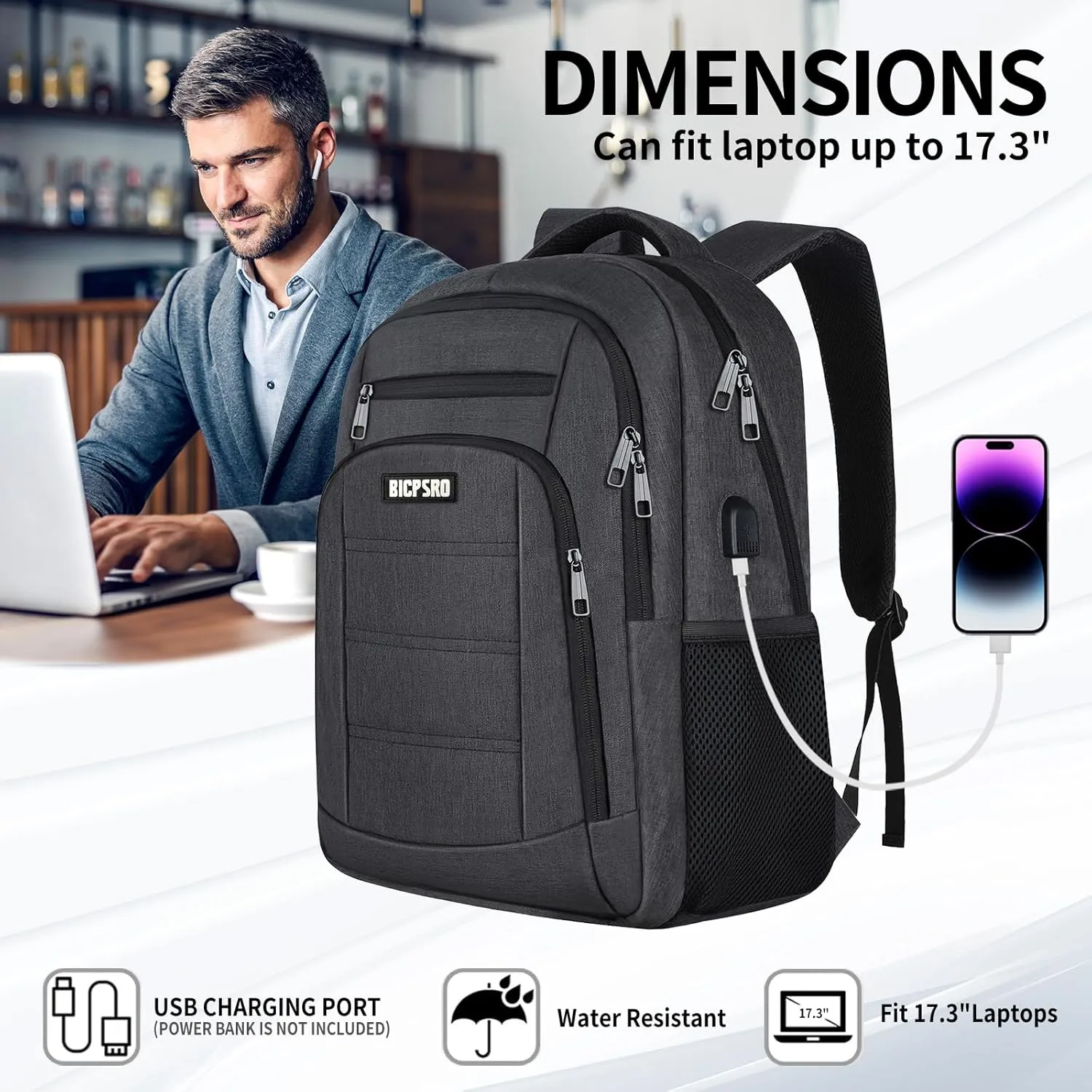Backpack for Men Women, School Backpack for Teens Boys Girls, Work Business Backpack with USB Charging Port,Water Resistant College Computer Bookbag Fits 17.3 Inch Laptop,Back Pack,Mochilas Black