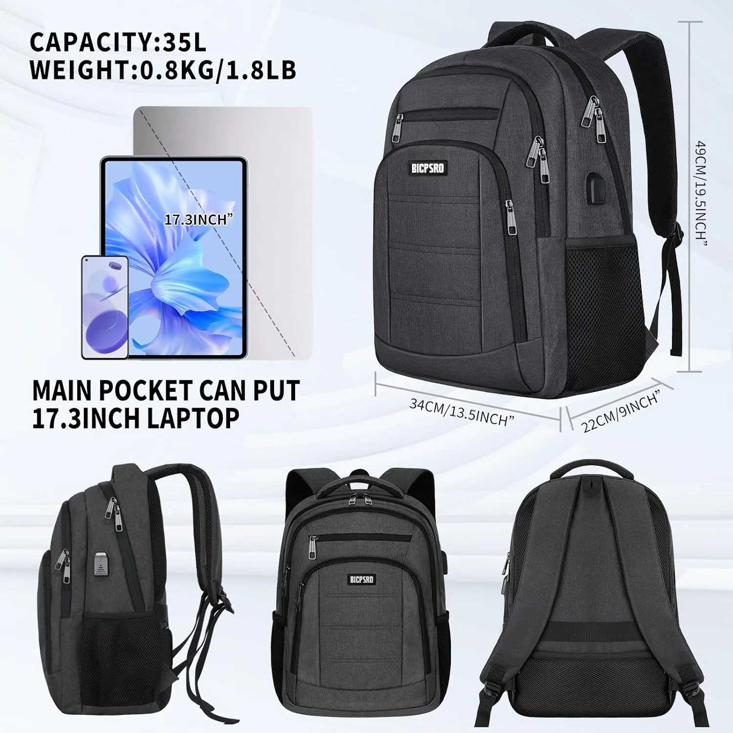 Backpack for Men Women, School Backpack for Teens Boys Girls, Work Business Backpack with USB Charging Port,Water Resistant College Computer Bookbag Fits 17.3 Inch Laptop,Back Pack,Mochilas Black