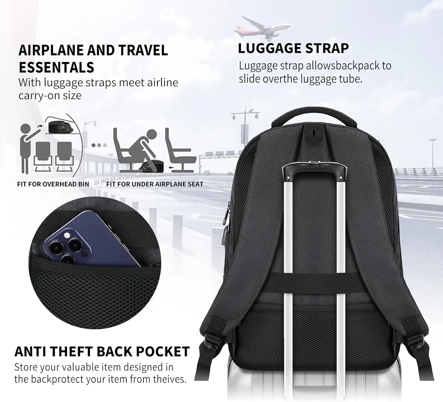 Backpack for Men Women, School Backpack for Teens Boys Girls, Work Business Backpack with USB Charging Port,Water Resistant College Computer Bookbag Fits 17.3 Inch Laptop,Back Pack,Mochilas Black