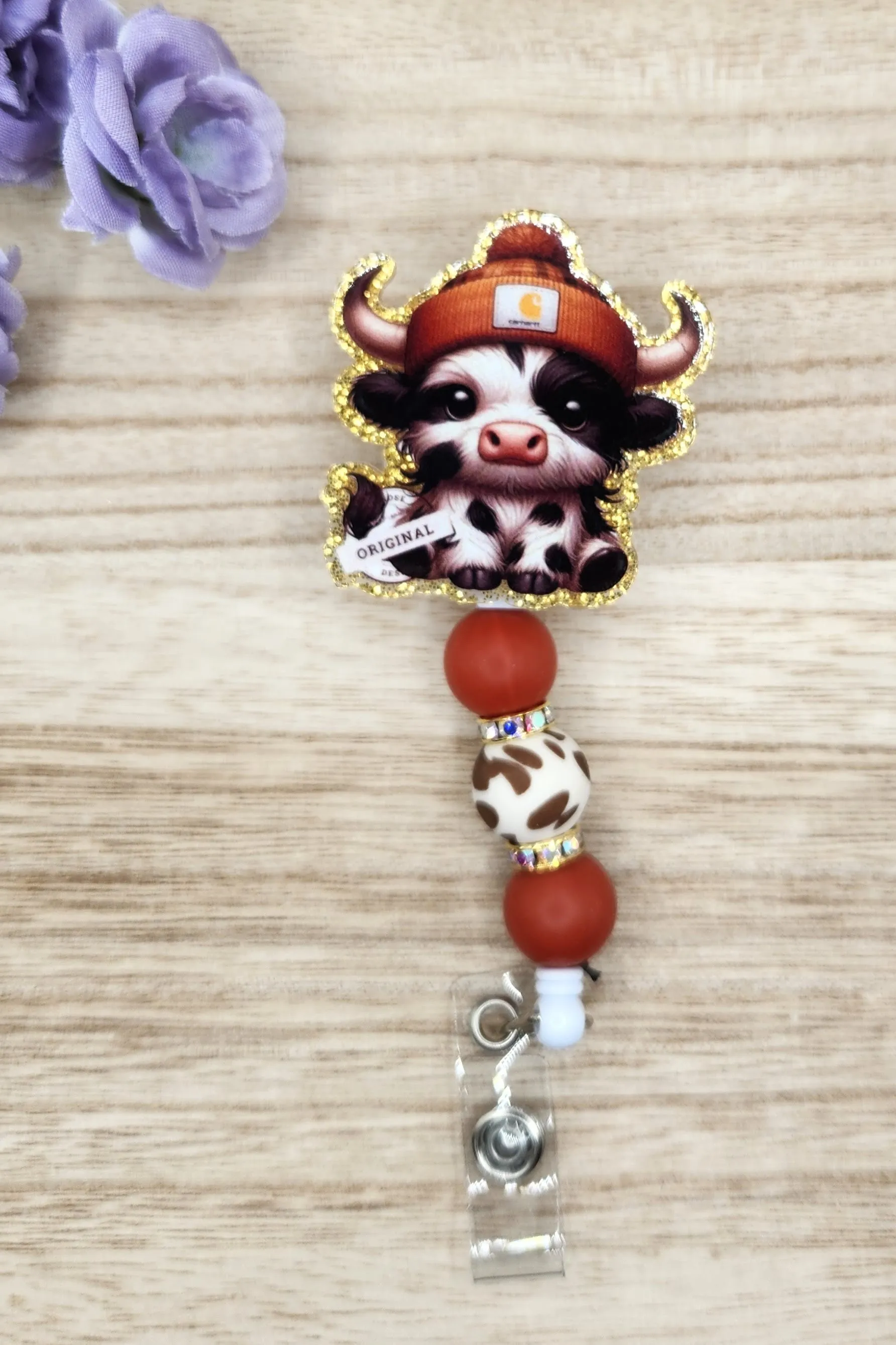 Badge Reel-Beanie Cow (Gold Glitter) AV001