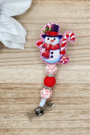 Badge Reel-Candy Cane Snowman (Pink Glitter) WI003