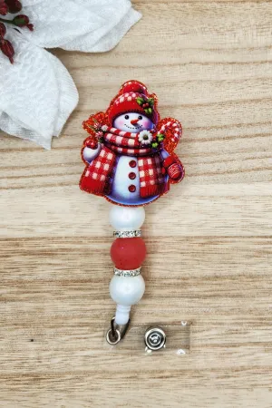 Badge Reel-Checkered Scarf Snowman (Red Glitter) WI004