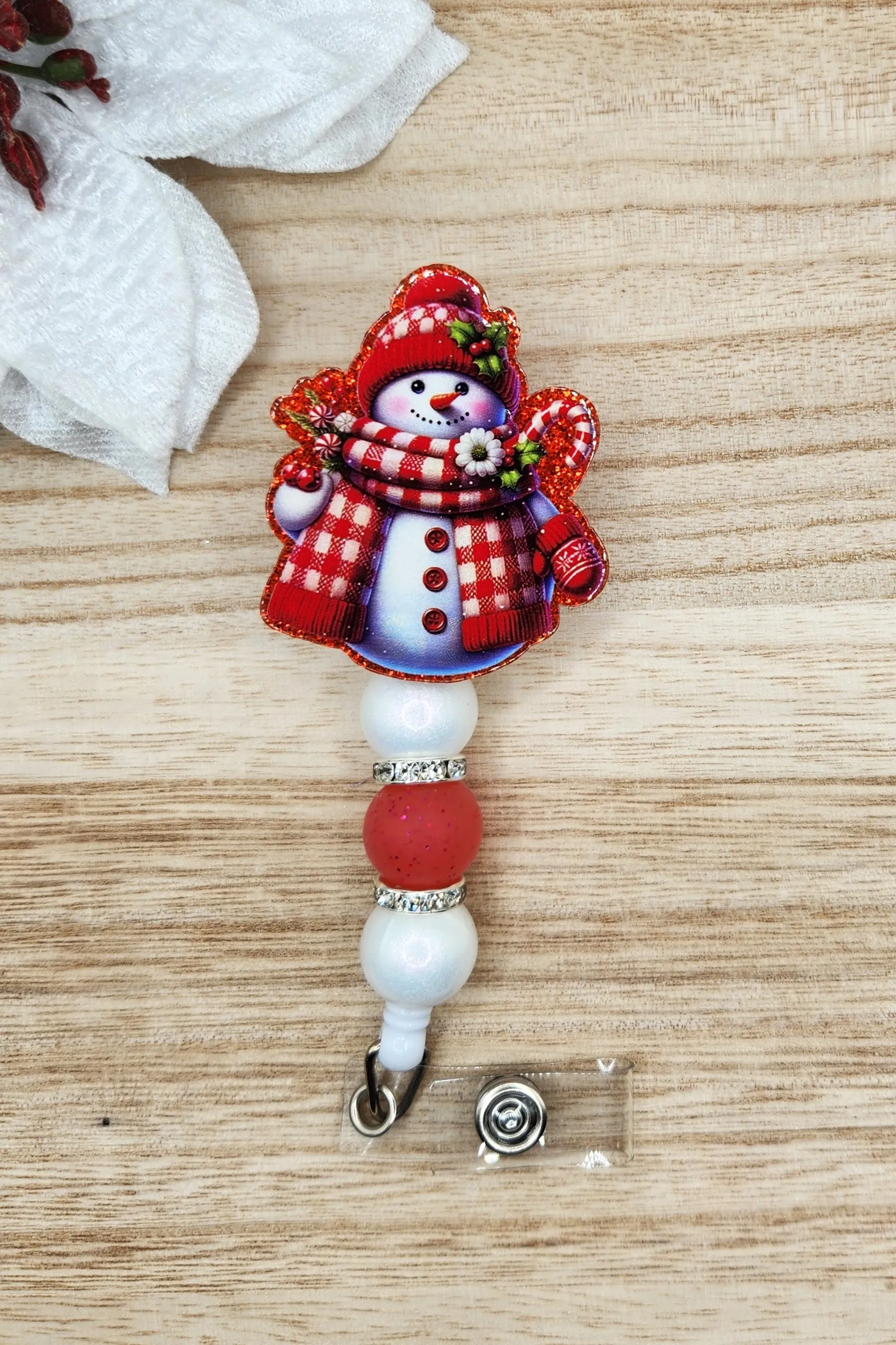 Badge Reel-Checkered Scarf Snowman (Red Glitter) WI004