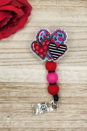 Badge Reel-Heart Trio (Silver Glitter) CM010