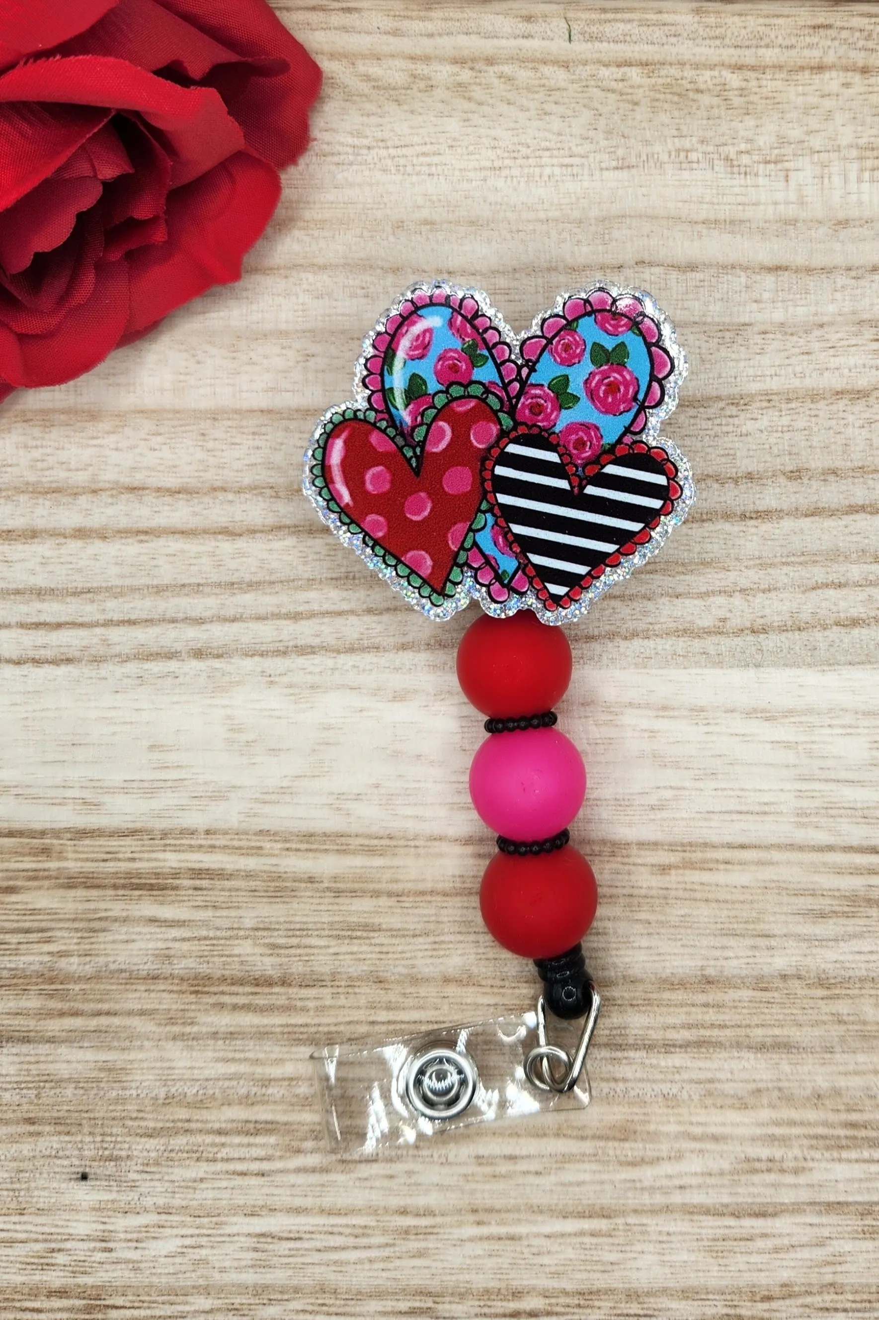 Badge Reel-Heart Trio (Silver Glitter) CM010