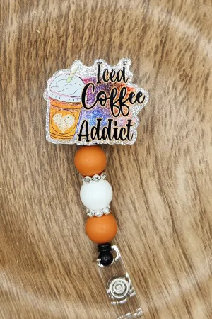 Badge Reel-Iced Coffee Addict (Silver Glitter) CR011